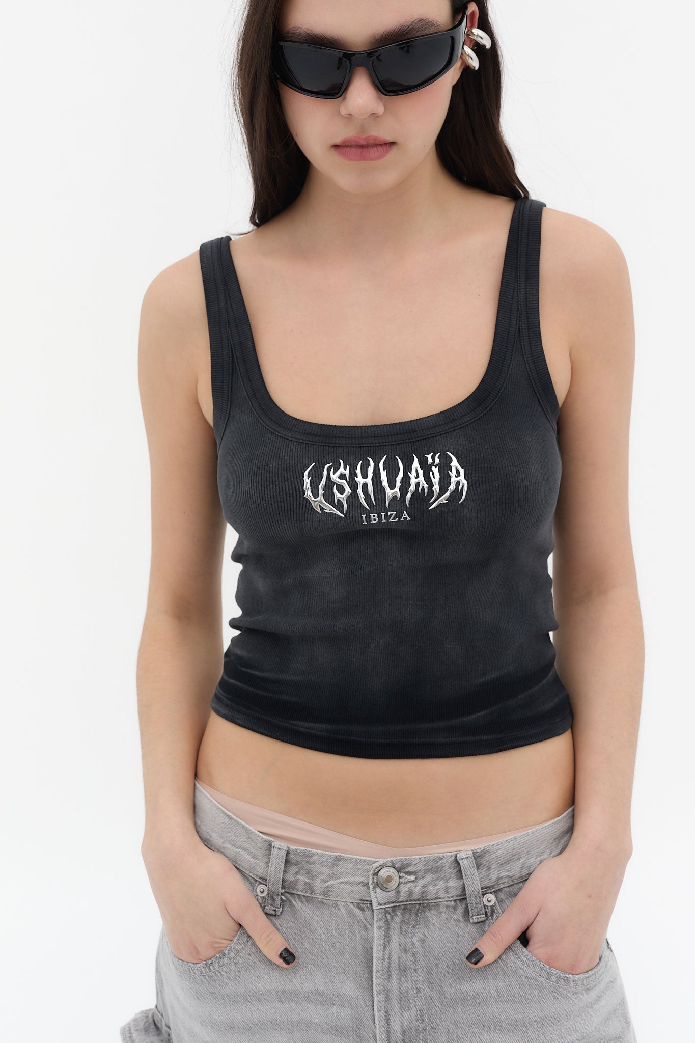 camiseta tirantes mujer gris oscuro acid wash logo