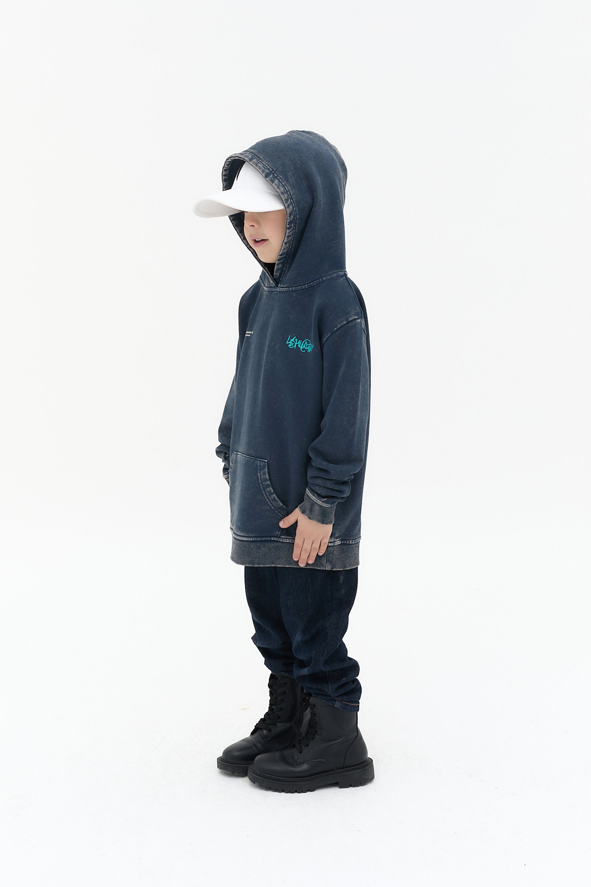 sudadera niño algodón french terry azul snow finish capucha logo ushuaïa