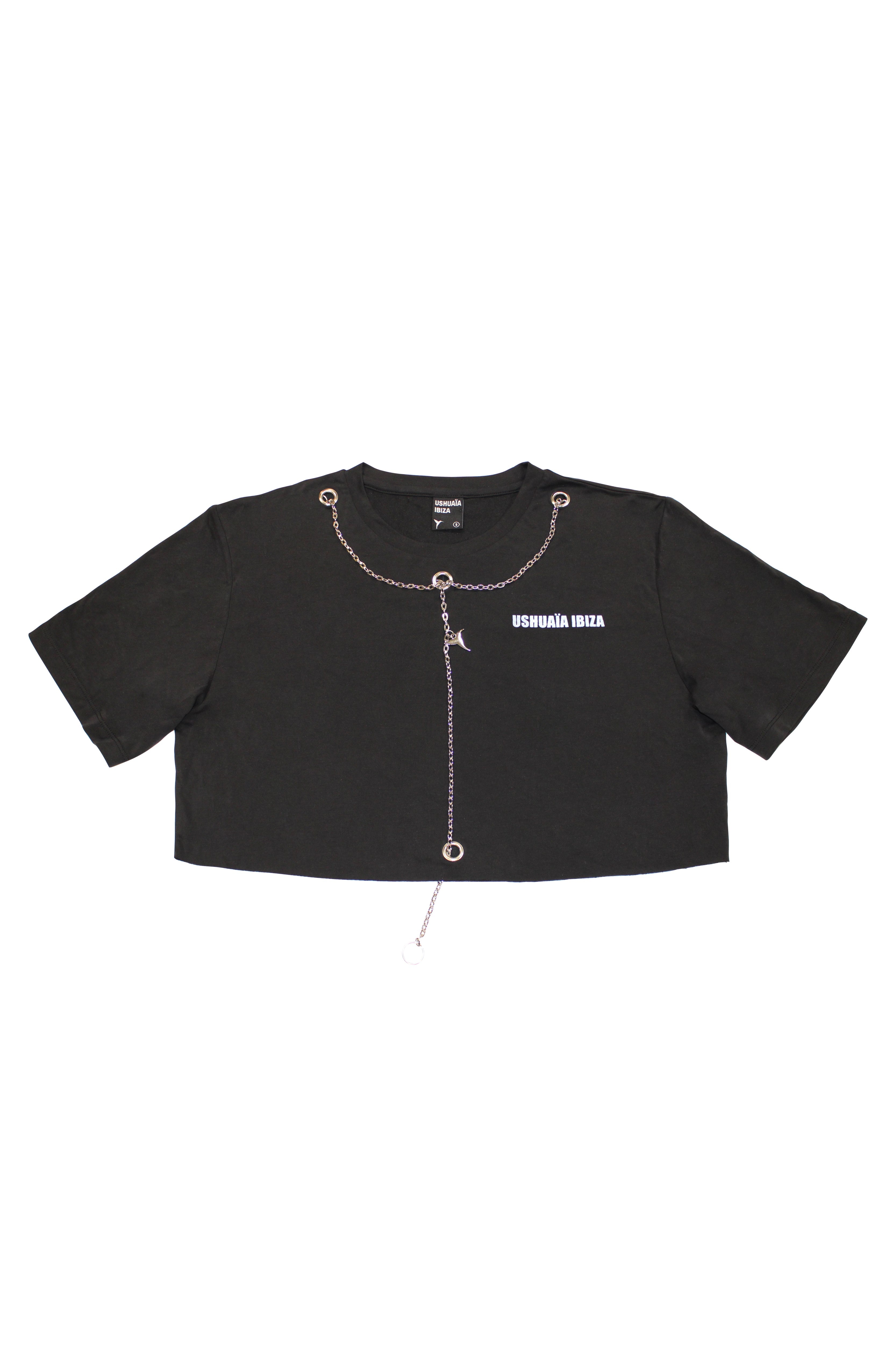 Black cropped T-shirt with metallic finish, bold front print & chain details. Perfect for edgy Ibiza vibes. Shop the trend now!