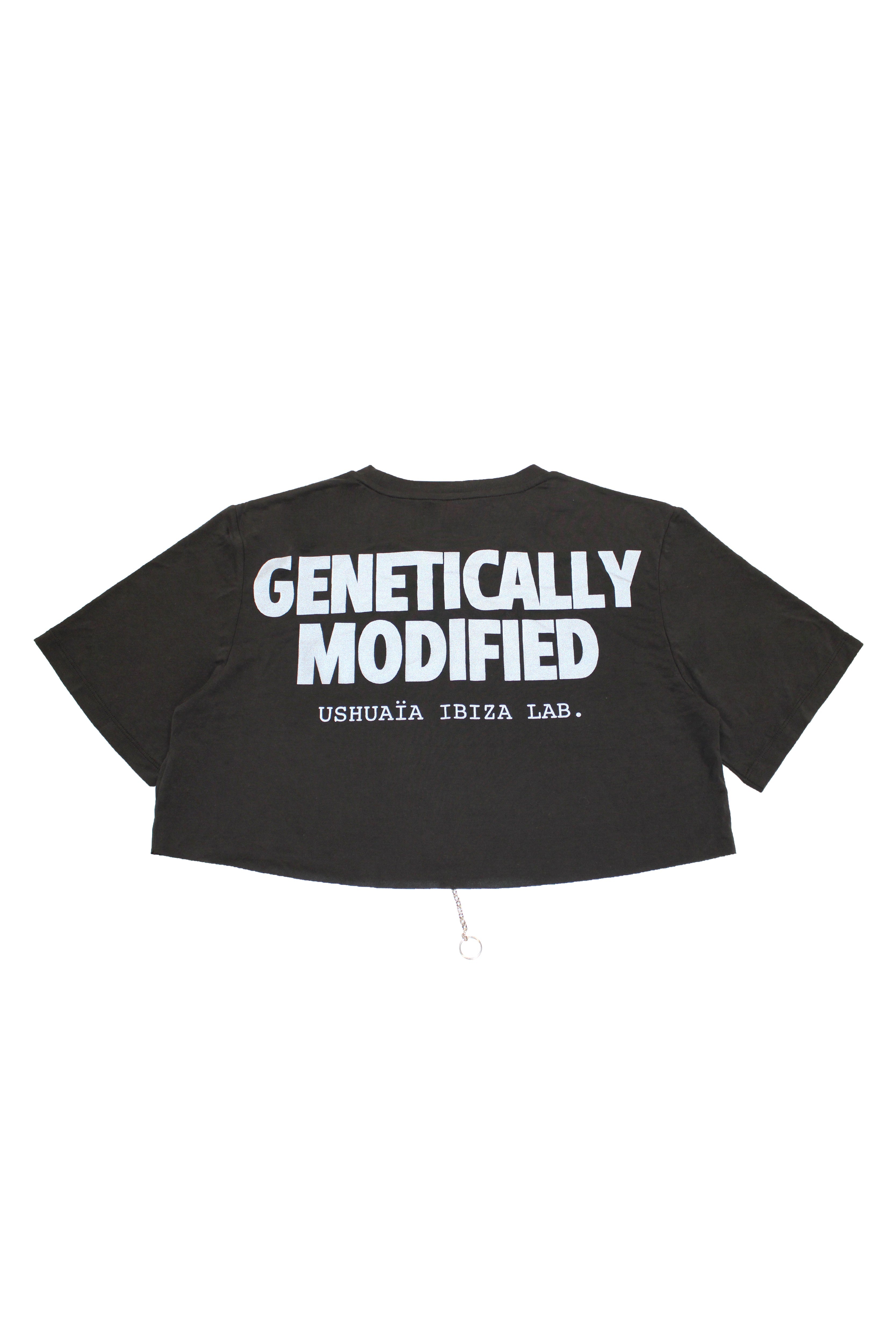 Black cropped T-shirt with metallic finish, bold front print & chain details. Perfect for edgy Ibiza vibes. Shop the trend now!