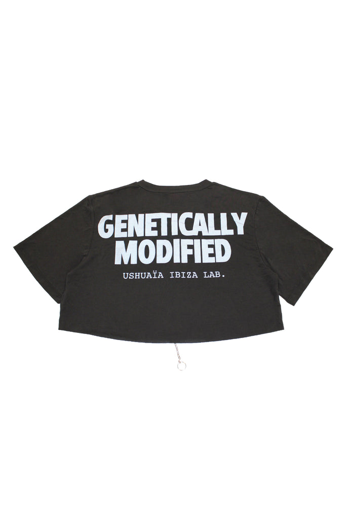 Black cropped T-shirt with metallic finish, bold front print & chain details. Perfect for edgy Ibiza vibes. Shop the trend now!