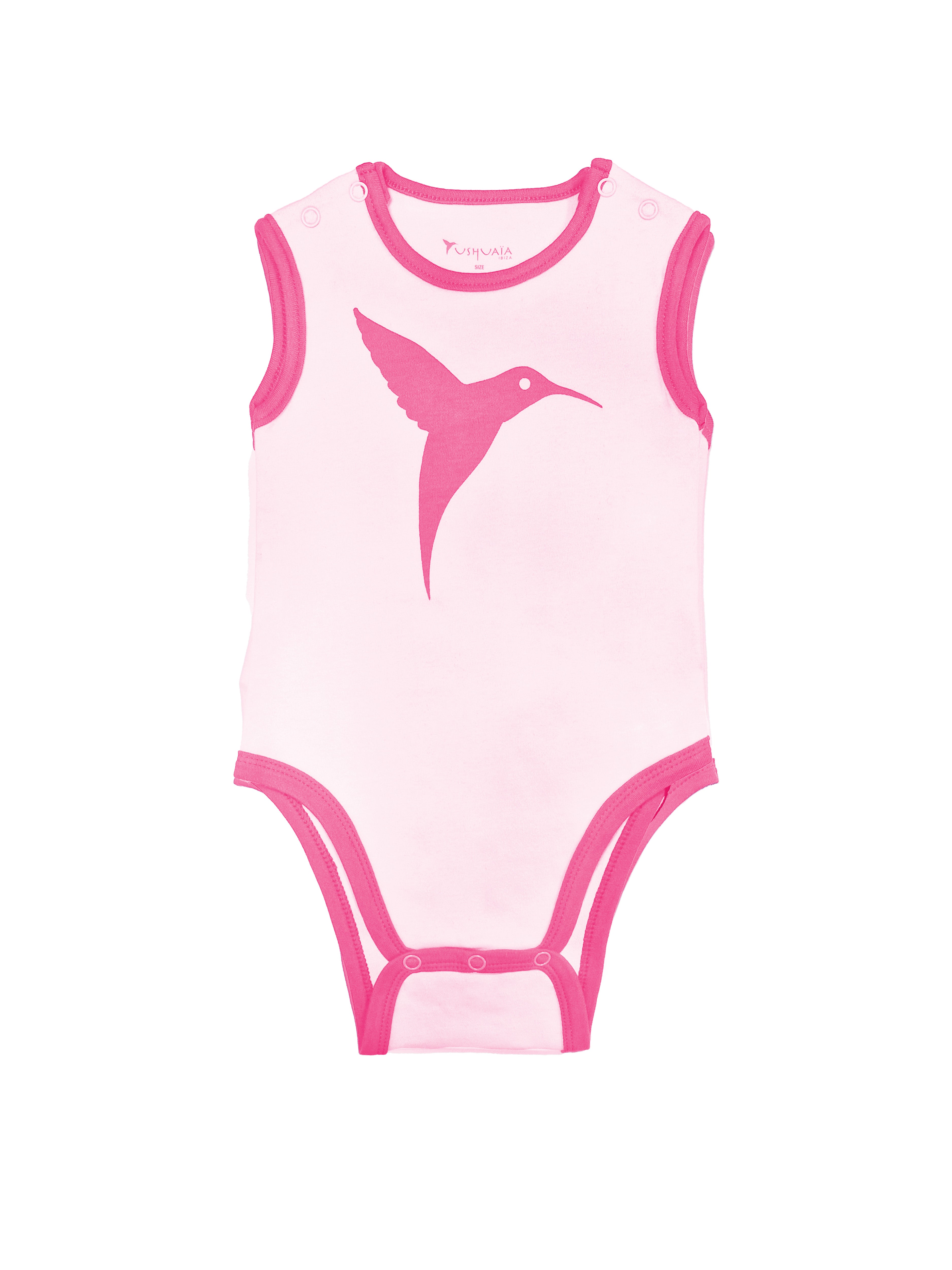Baby bodysuit with front and back print. Snap button closure on the shoulder and bottom.
