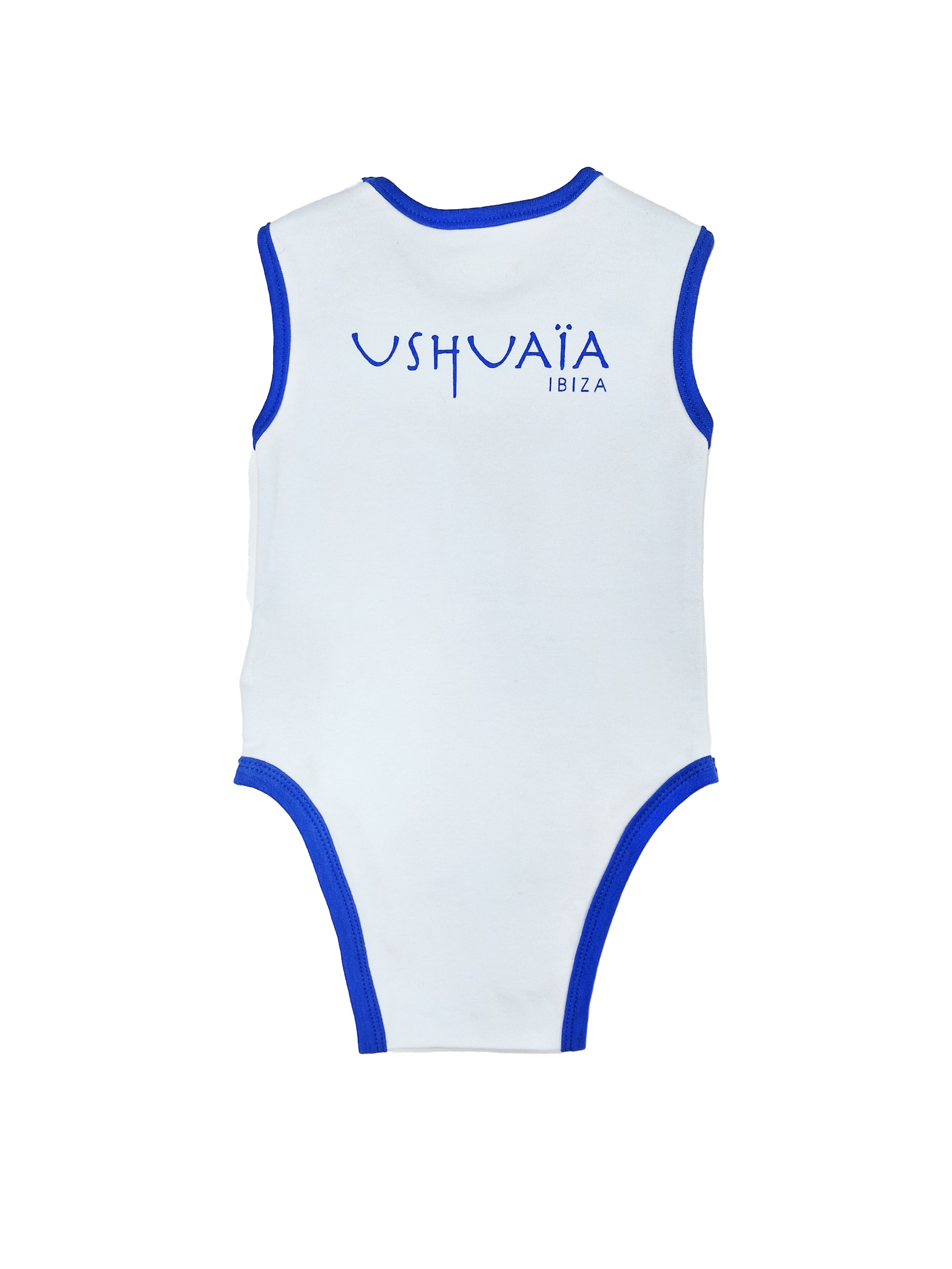 Baby bodysuit with front and back print. Snap button closure on the shoulder and bottom.