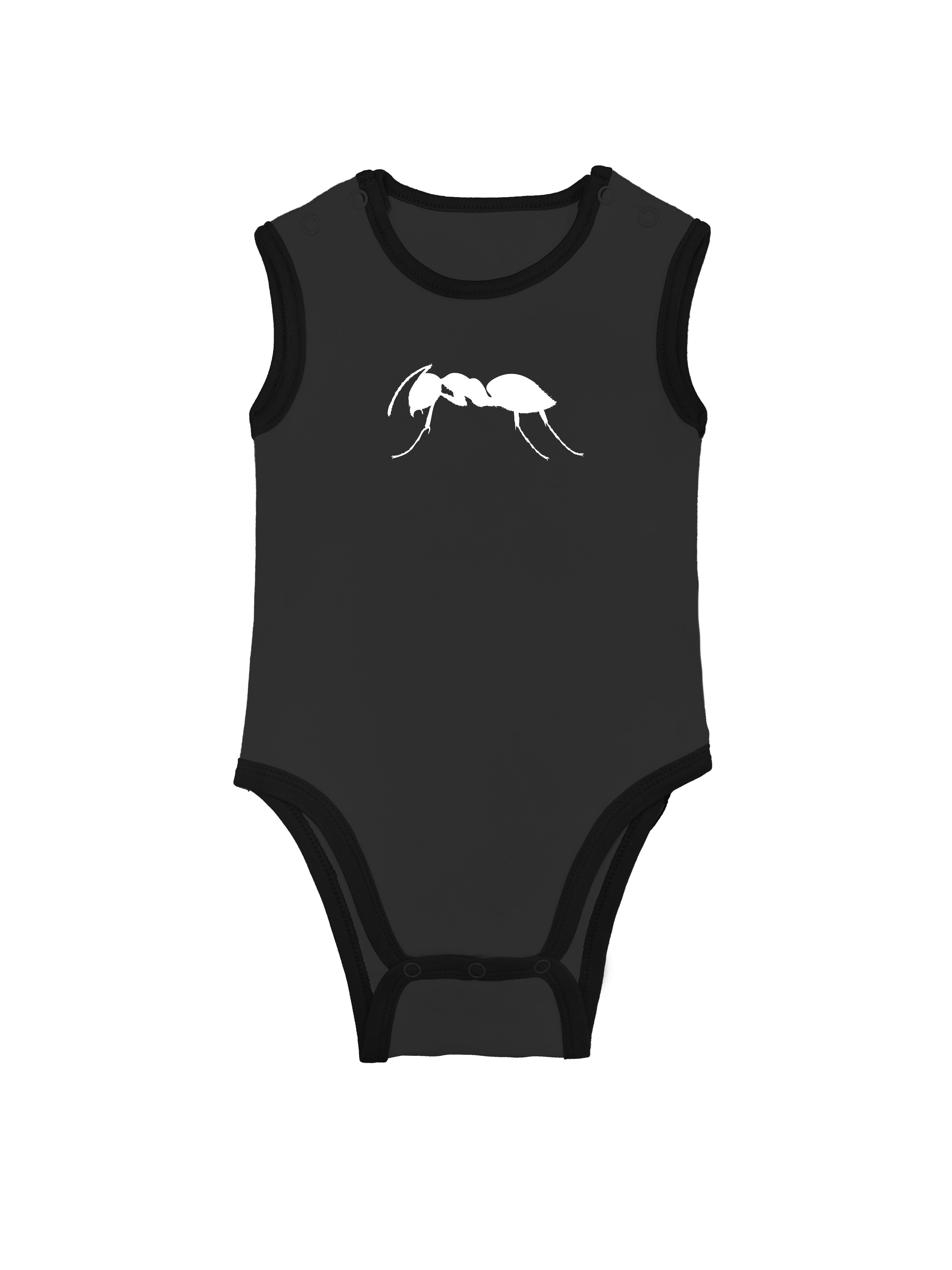 Cotton baby bodysuit with ANTS logo on the front.