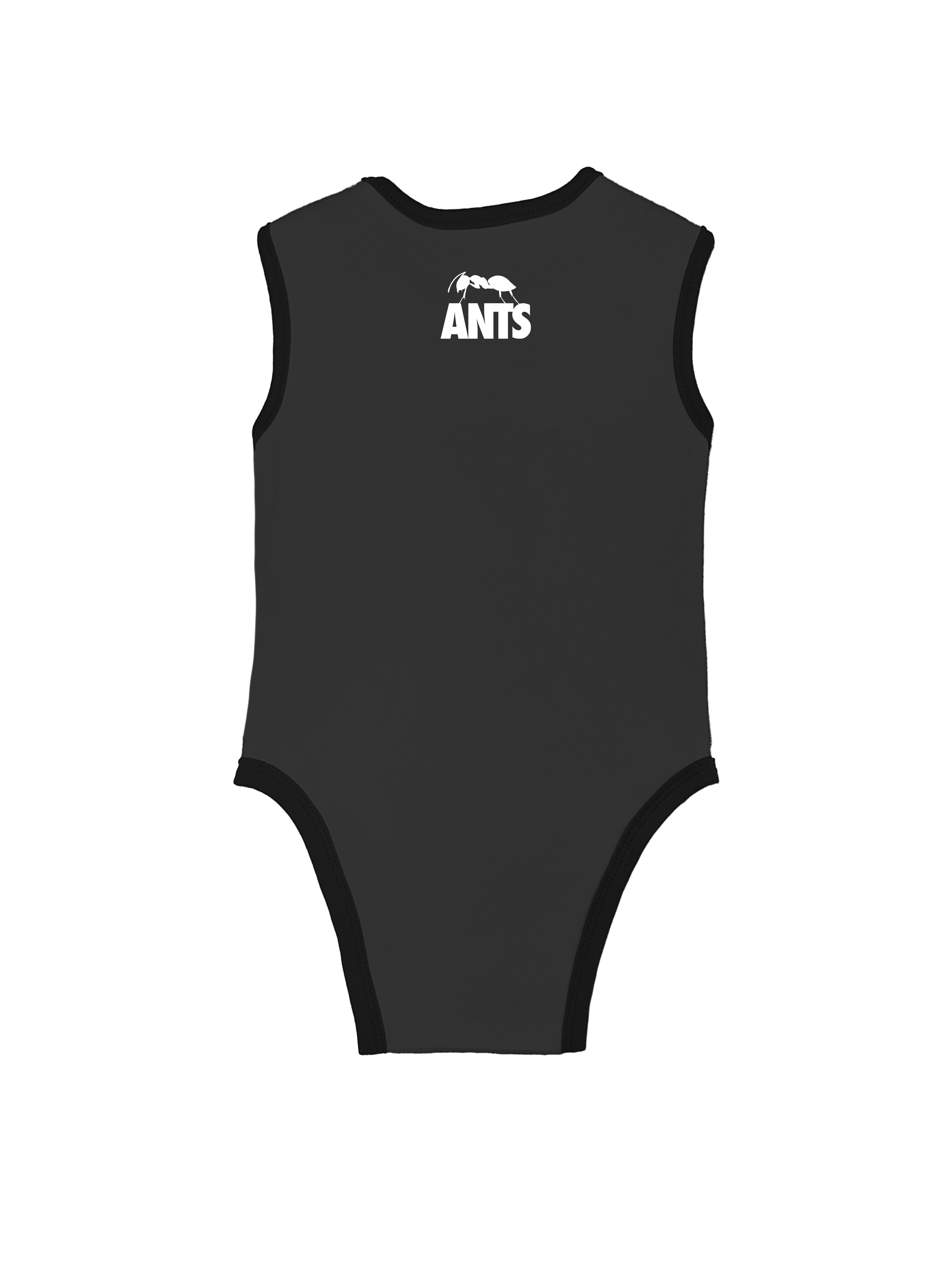 Cotton baby bodysuit with ANTS logo on the front.