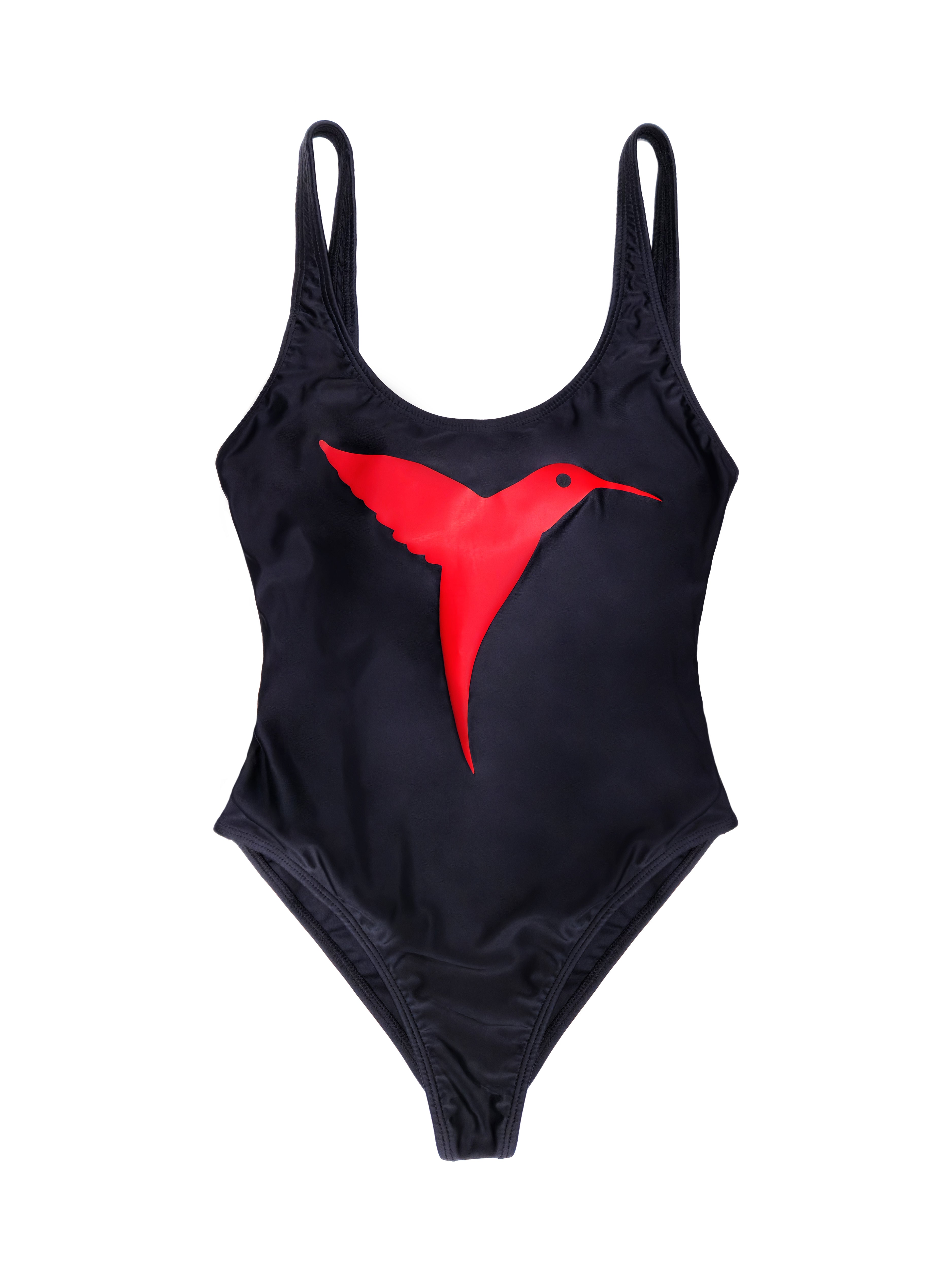 One-piece swimsuit in black with Ushuaïa Ibiza hummingbird logo printed in red on the front.
COMPOSITION:
82% Polyamide – 18% Elastane