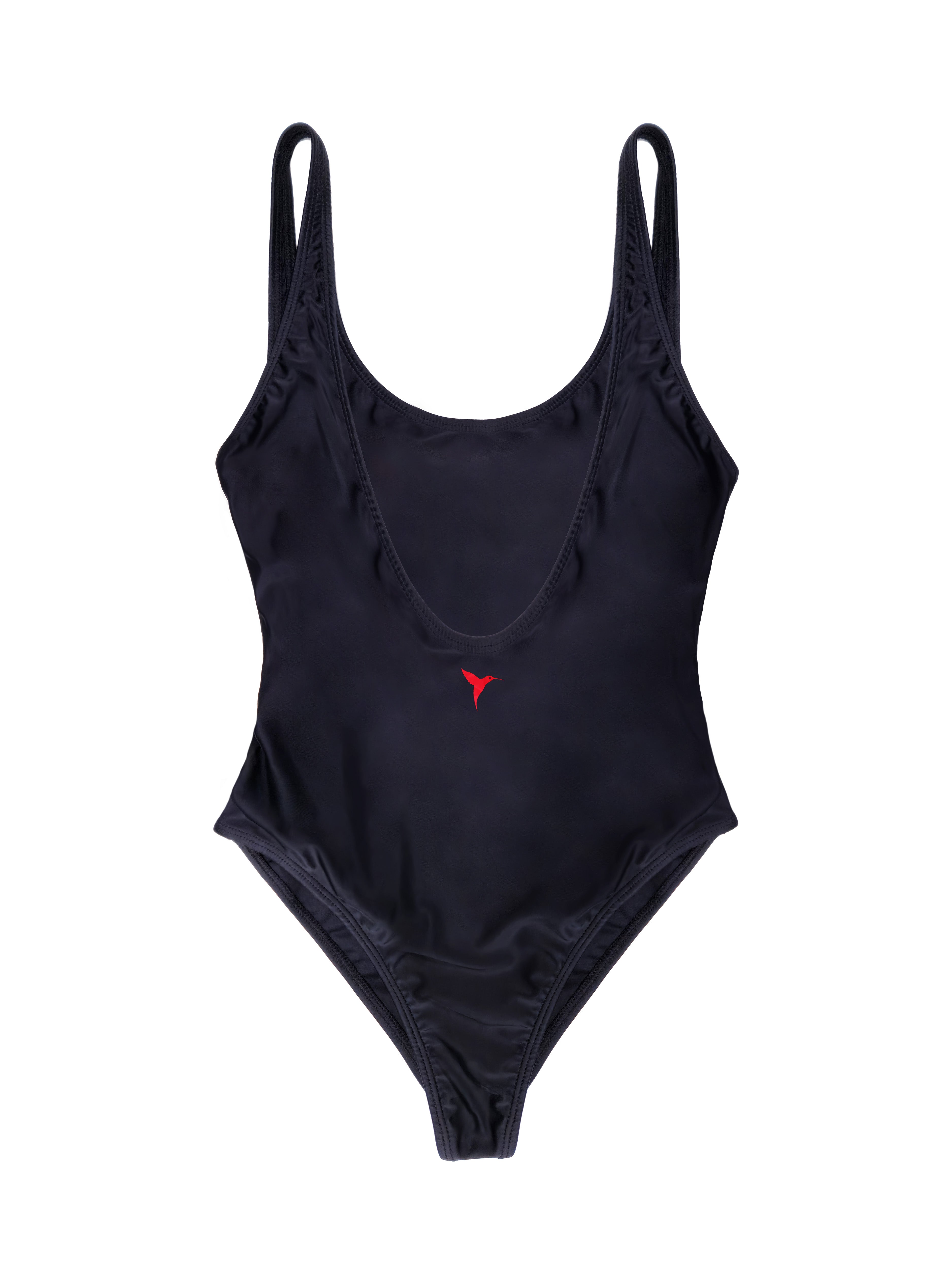 One-piece swimsuit in black with Ushuaïa Ibiza hummingbird logo printed in red on the front.
COMPOSITION:
82% Polyamide – 18% Elastane