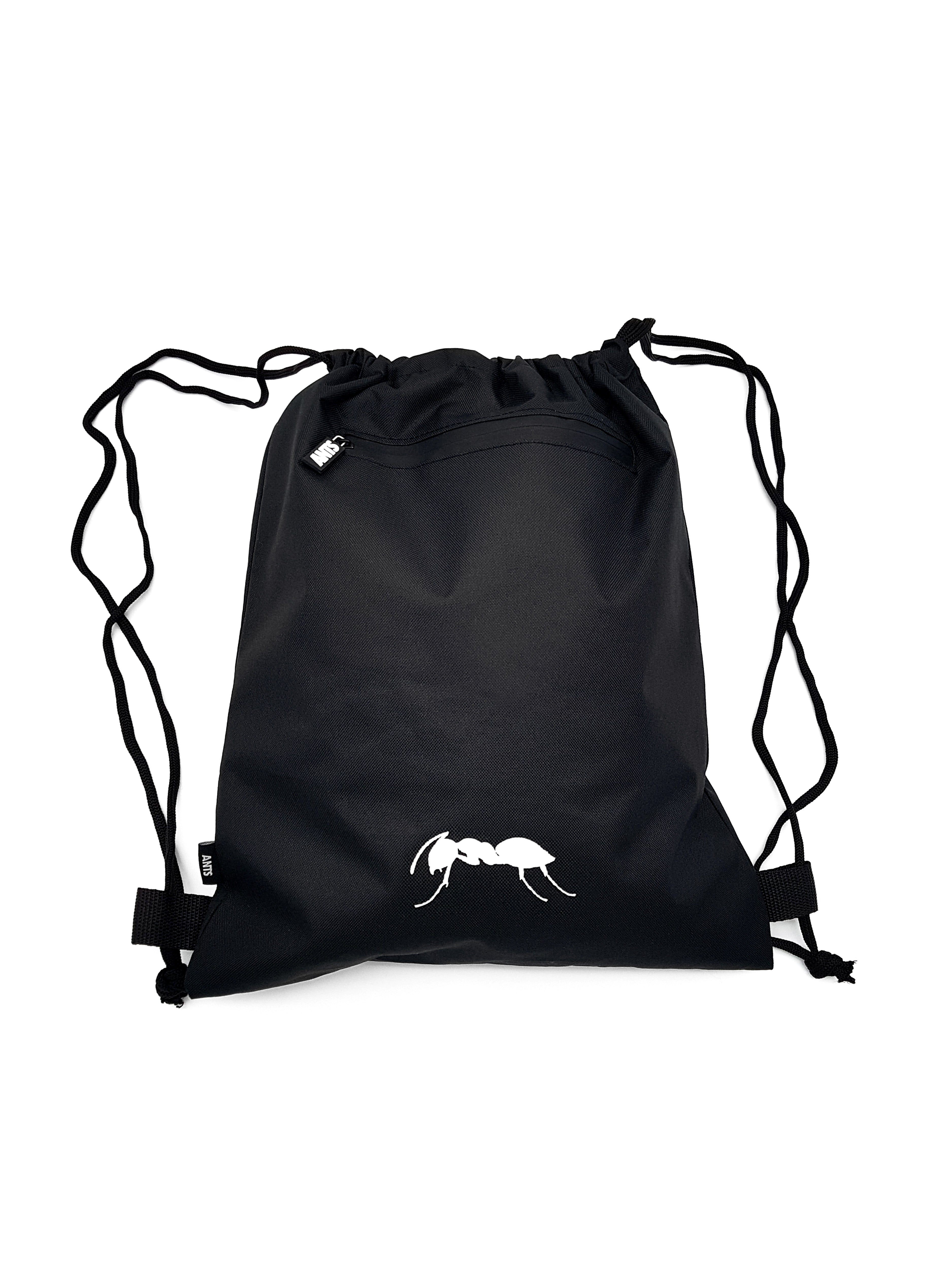 Black gymsack with white ANTS logo. Lightweight and practical for everyday use.

