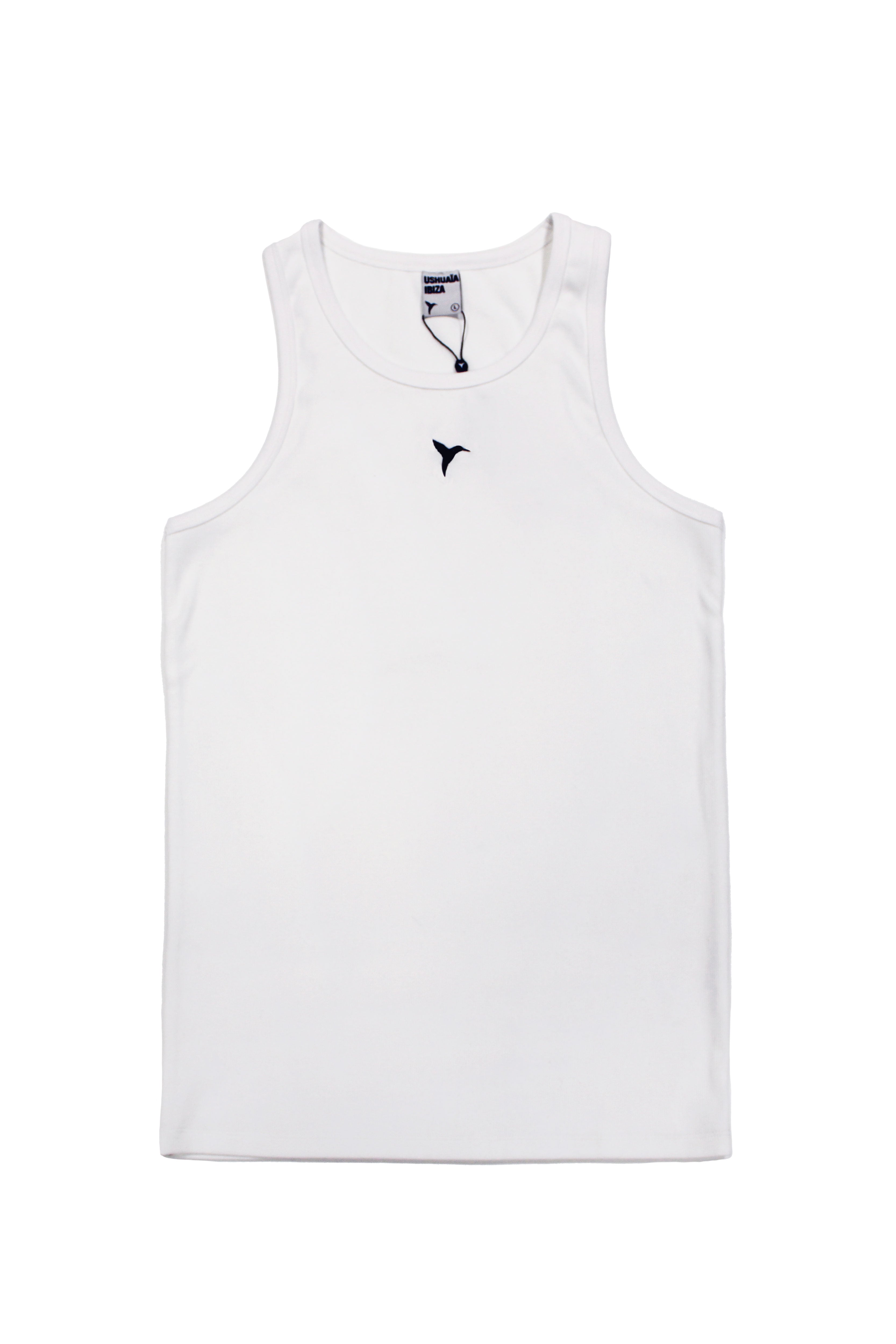 Ribbed t-shirt with a round neck and sleeveless design. Contrast embroidered detail on the front.