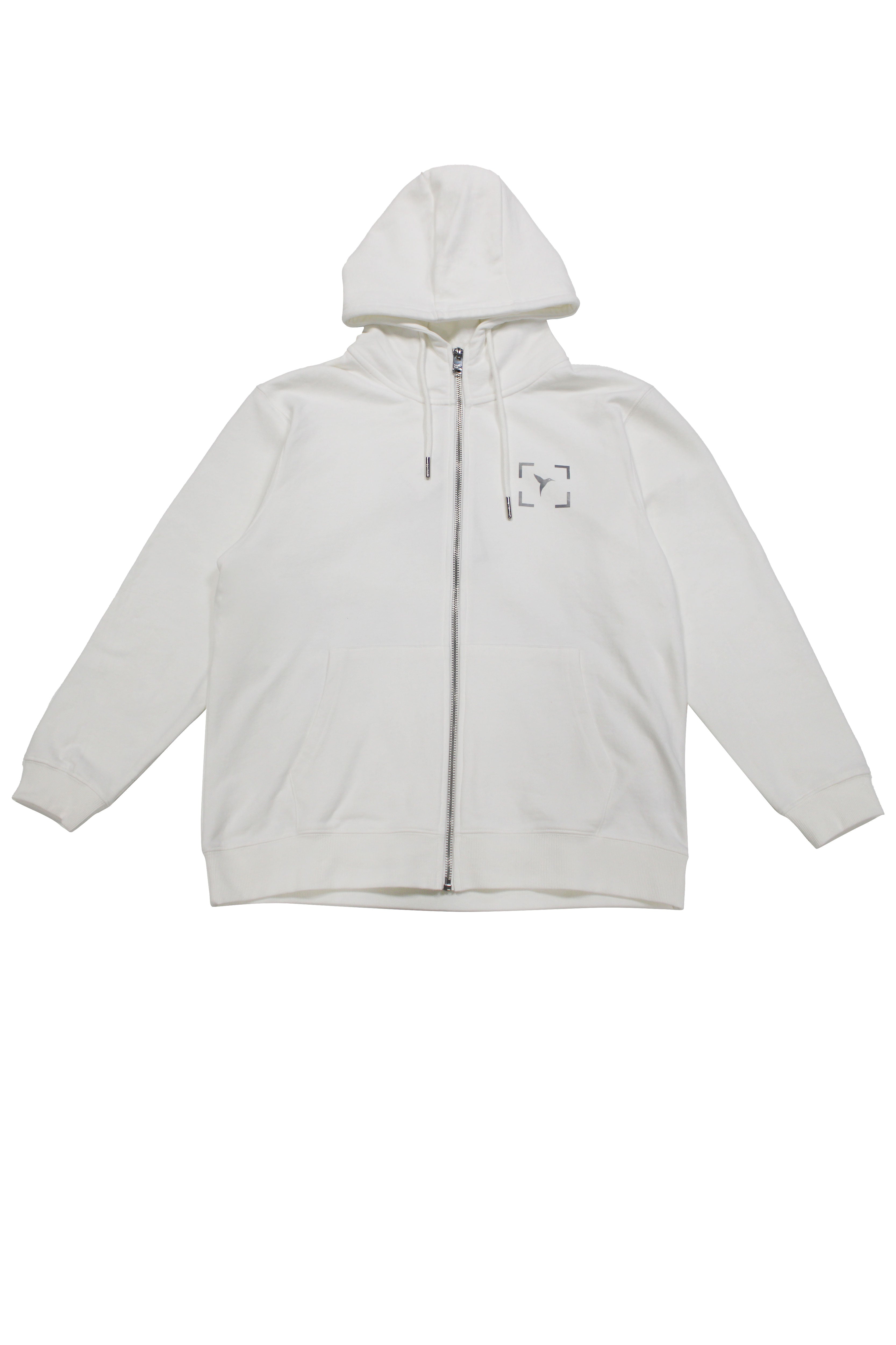 Regular zip-up sweatshirt with hood and adjustable high neck with drawstring and washed long sleeves with peach effect. Reflective print detail on front and back. Kangaroo pocket on the front. Ribbed finishes. 
