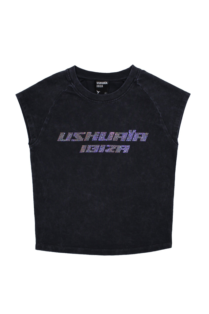 Washed-effect T-shirt with rhinestone detail for a chic Ibiza vibe. Perfect for day-to-night looks. Shop your style now!