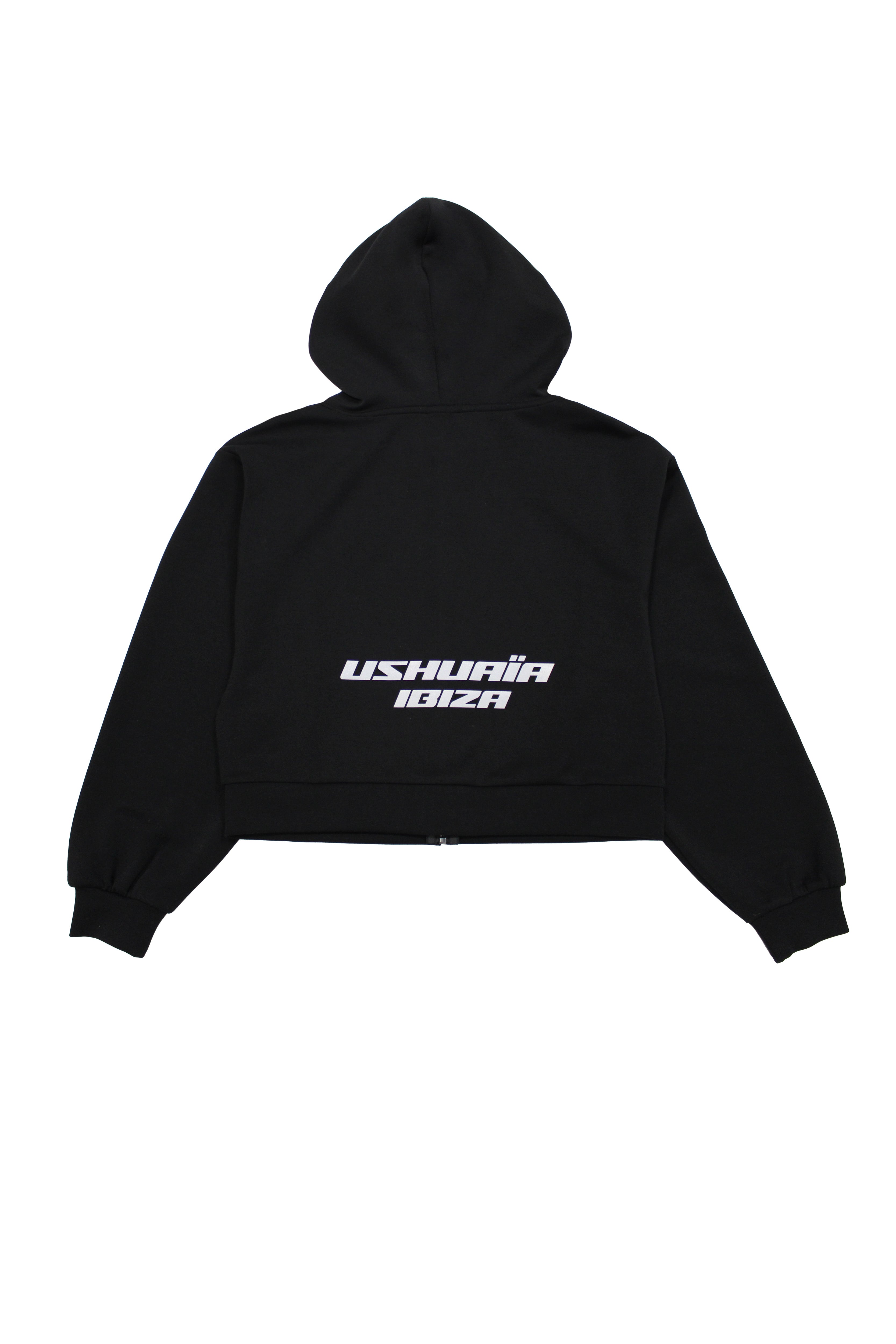 Cropped sweatshirt with hood and front closure. Features a reflective print detail on the back