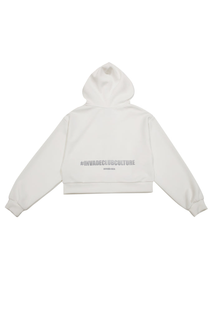 Cropped sweatshirt with hood and front closure. Features a reflective print on the back