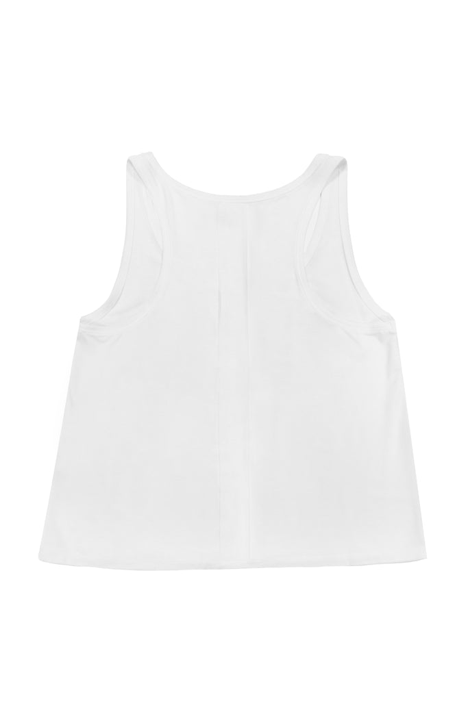 Tank top with round neck and armhole sleeves. Contrast metallic print combined with rhinestones on the front. Stitching detail on the back.
 