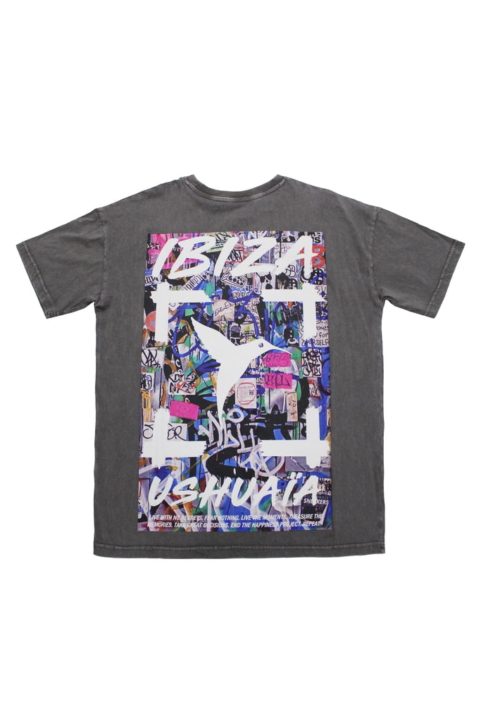 Oversized acid-wash T-shirt with bold front & back print. Perfect for streetwear lovers and Ibiza vibes. Shop the statement tee now!