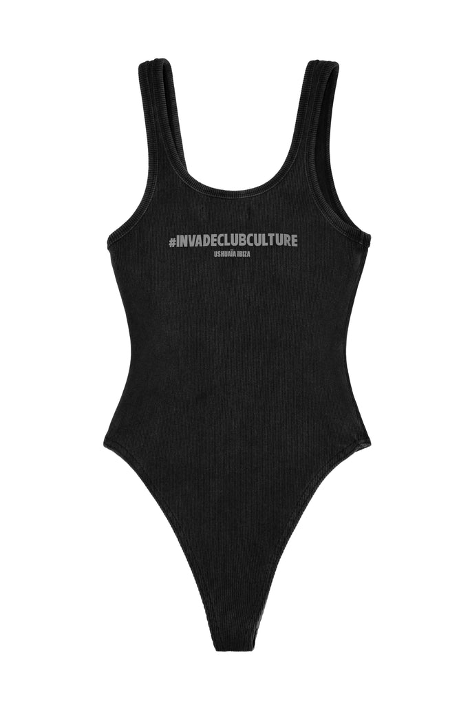 Bodysuit with round neckline and straps, washed with fade-out effect. Zipper detail on the front and rubber-effect print on the back. Adjustable hook-and-eye closure at the bottom.