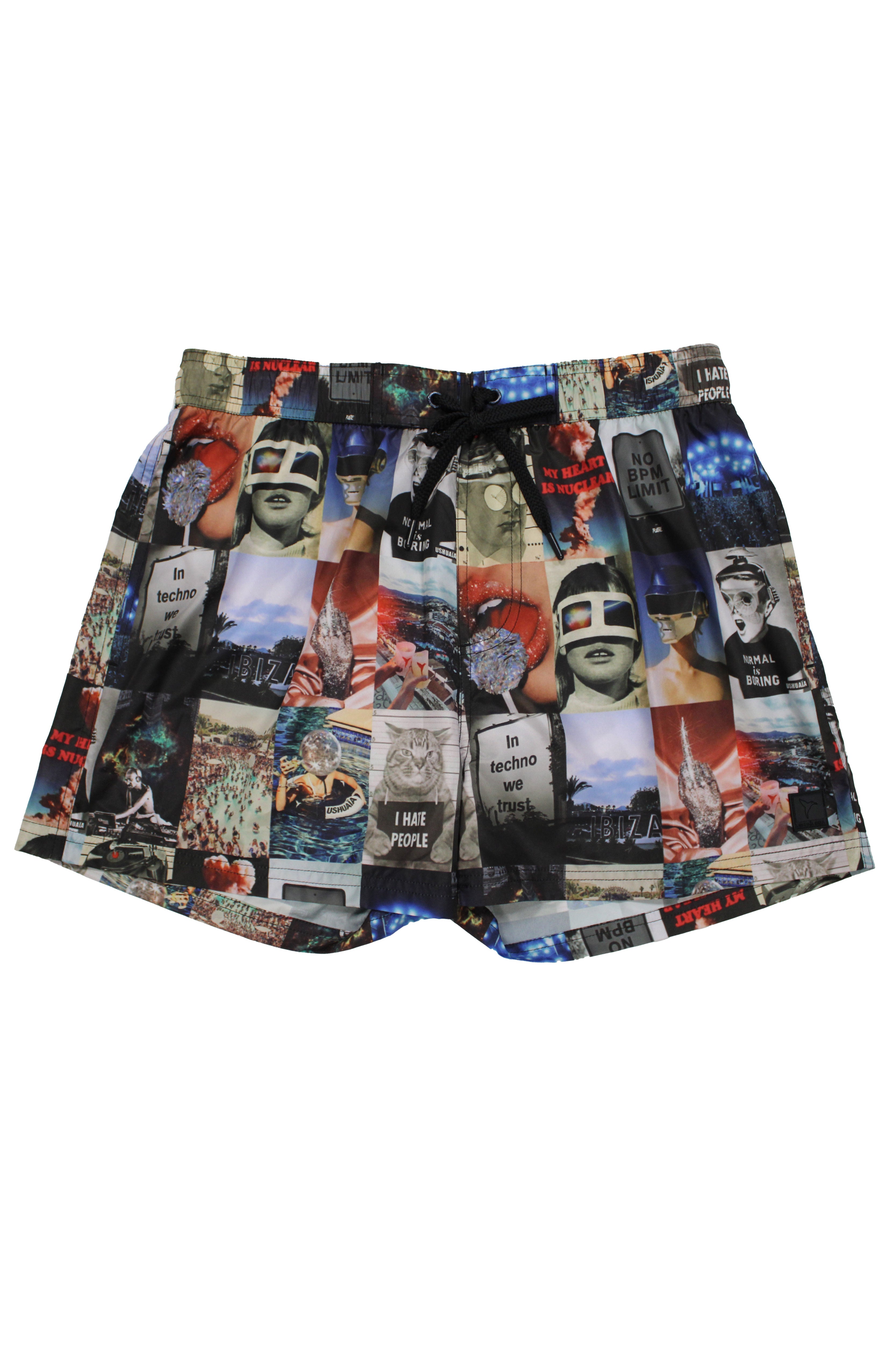 Swimsuit made of technical fabric. Adjustable elastic waistband with drawstring. Side pockets, rubberized application detail on the front and patch pocket on the back. Inner lining.