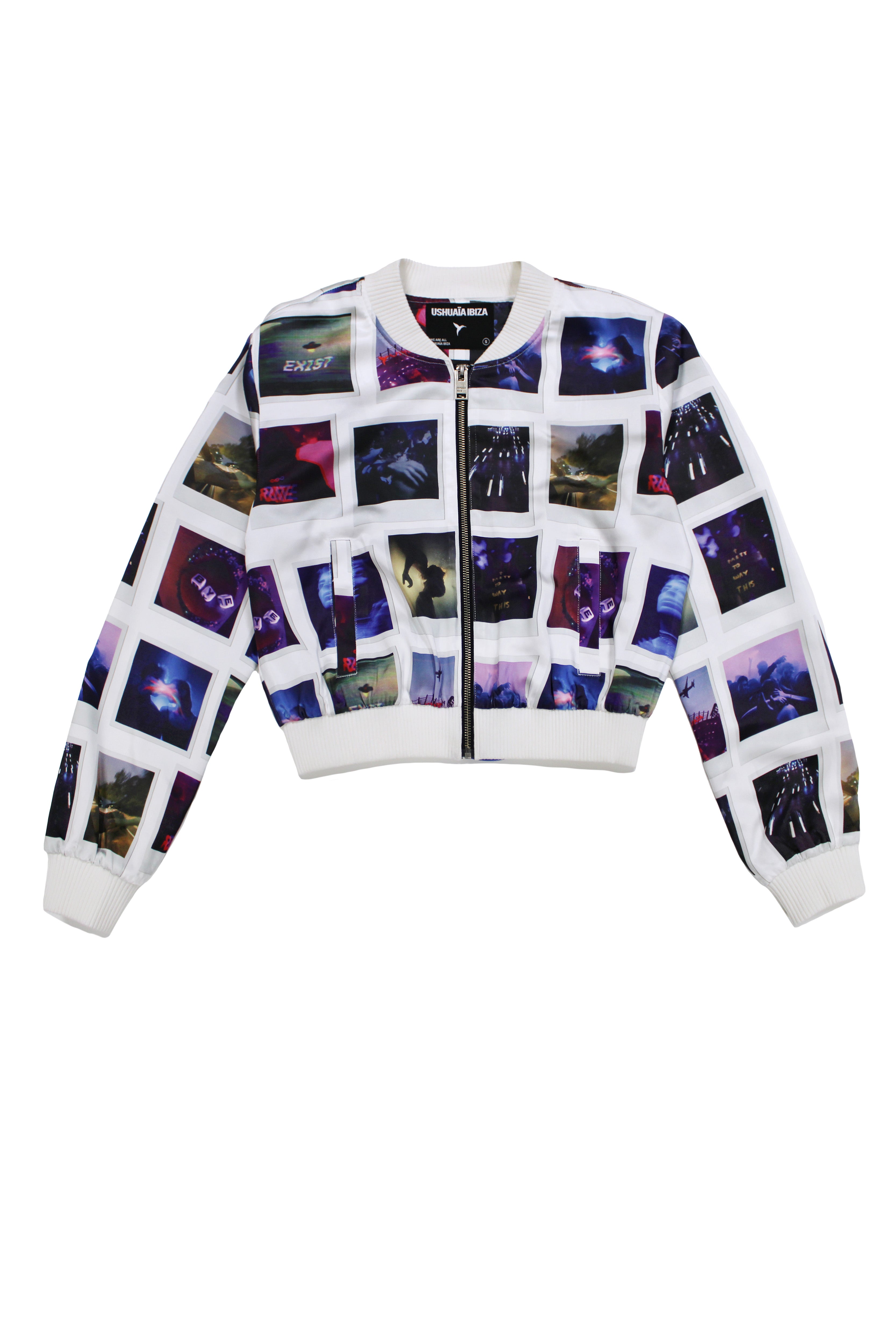 Printed bomber jacket made of satin fabric. Welt pockets on the front. Front zip closure.