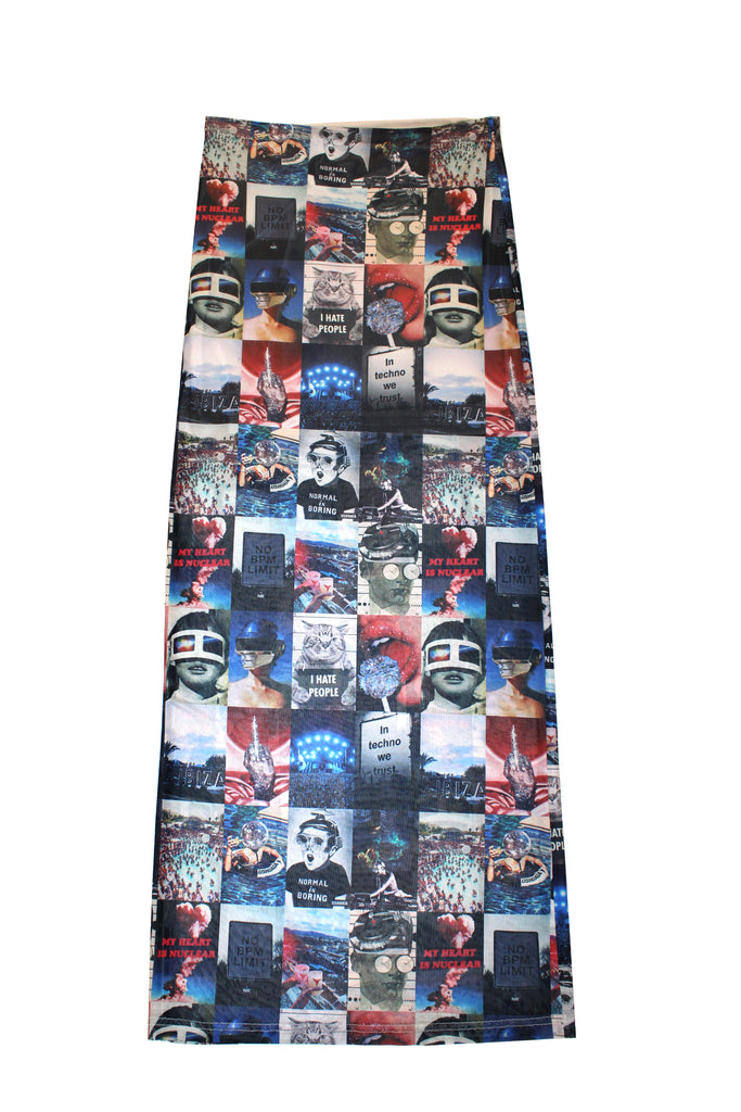 Elastic skirt with lining, made of printed mesh fabric. Features a side opening detail and side zipper closure.