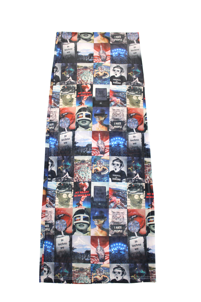 Elastic skirt with lining, made of printed mesh fabric. Features a side opening detail and side zipper closure.