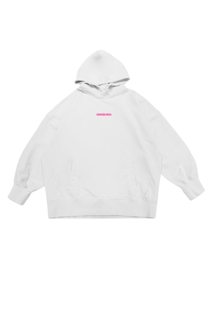 Oversized sweatshirt with hood and long sleeves, washed with a peach-effect finish. Features contrast print on the front and back, front welt pockets, and frayed, scuffed cuffs and seams.
