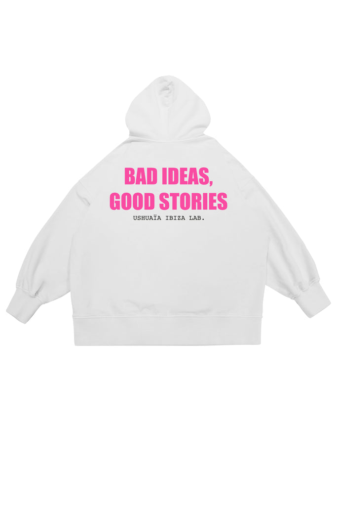 Oversized sweatshirt with hood and long sleeves, washed with a peach-effect finish. Features contrast print on the front and back, front welt pockets, and frayed, scuffed cuffs and seams.