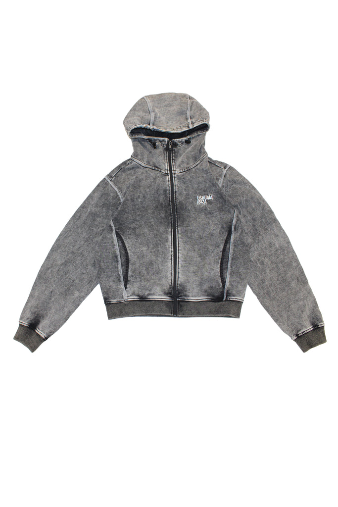 Hoodie with acid wash finish. Features a zipper running from sleeve to sleeve across the back, revealing a hidden print in white finish.