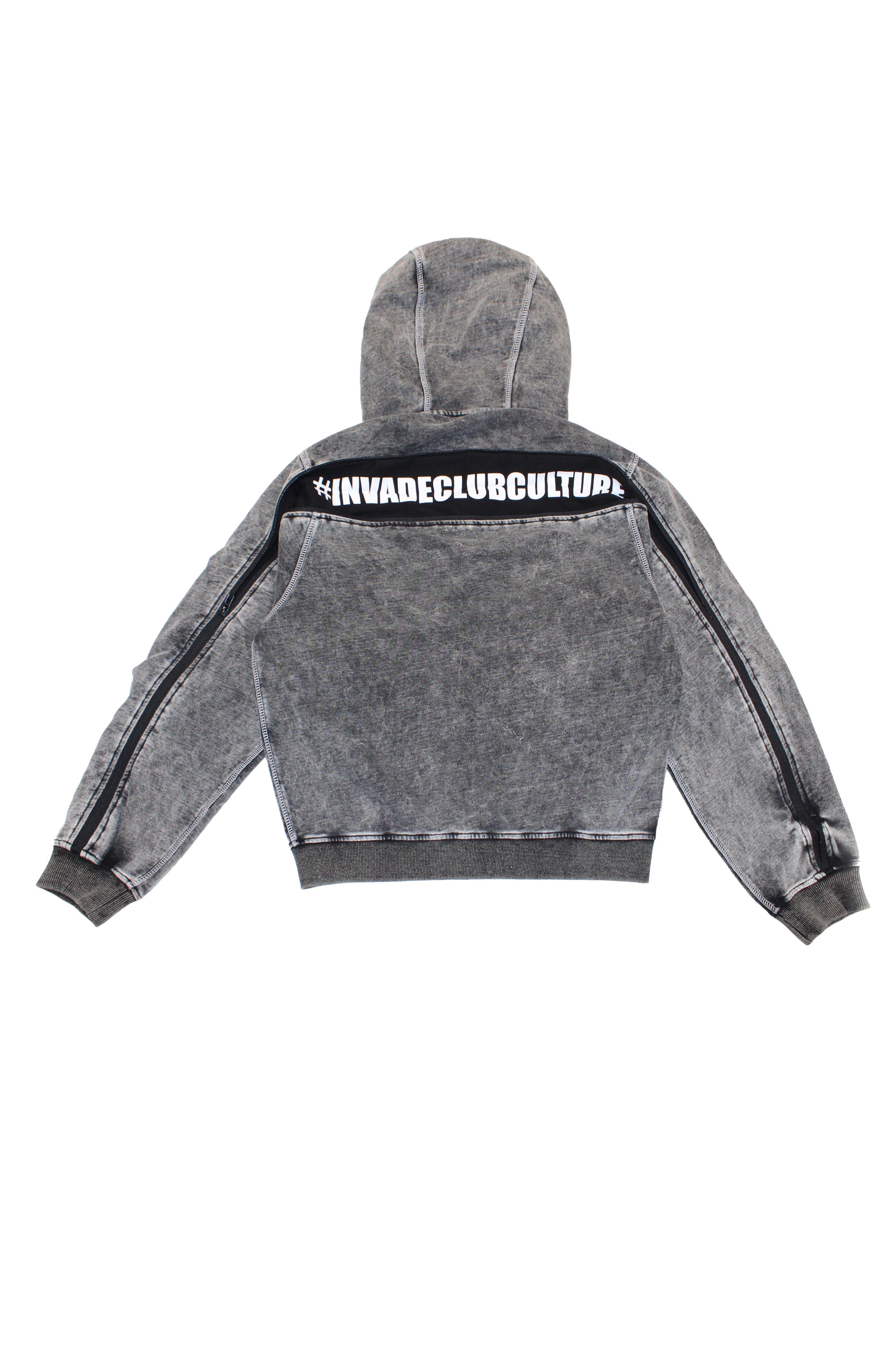 Hoodie with acid wash finish. Features a zipper running from sleeve to sleeve across the back, revealing a hidden print in white finish.