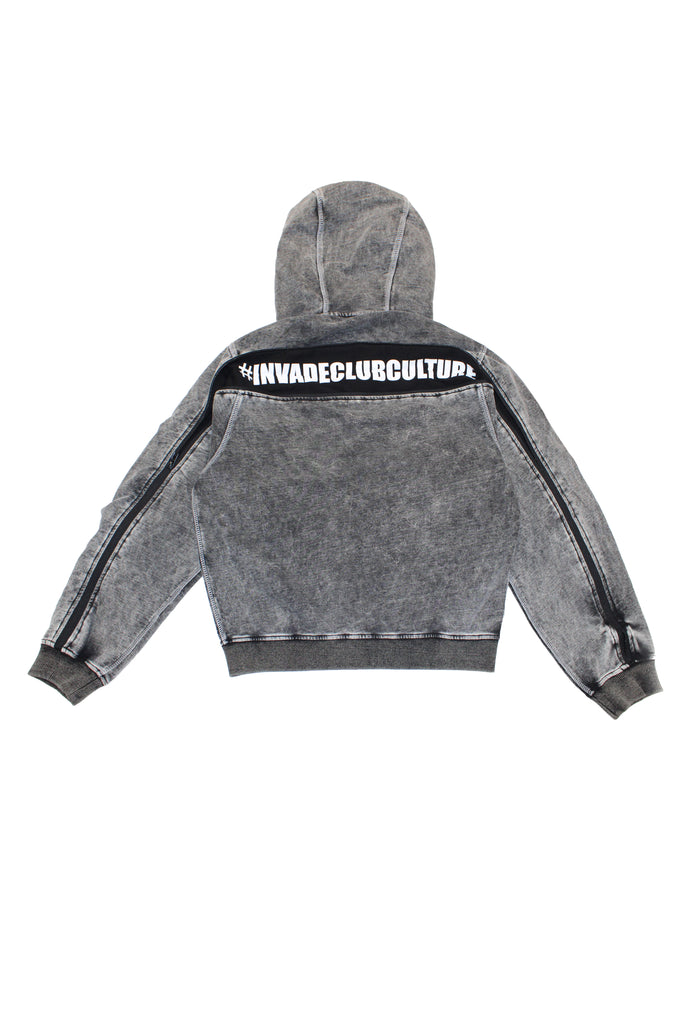 Hoodie with acid wash finish. Features a zipper running from sleeve to sleeve across the back, revealing a hidden print in white finish.