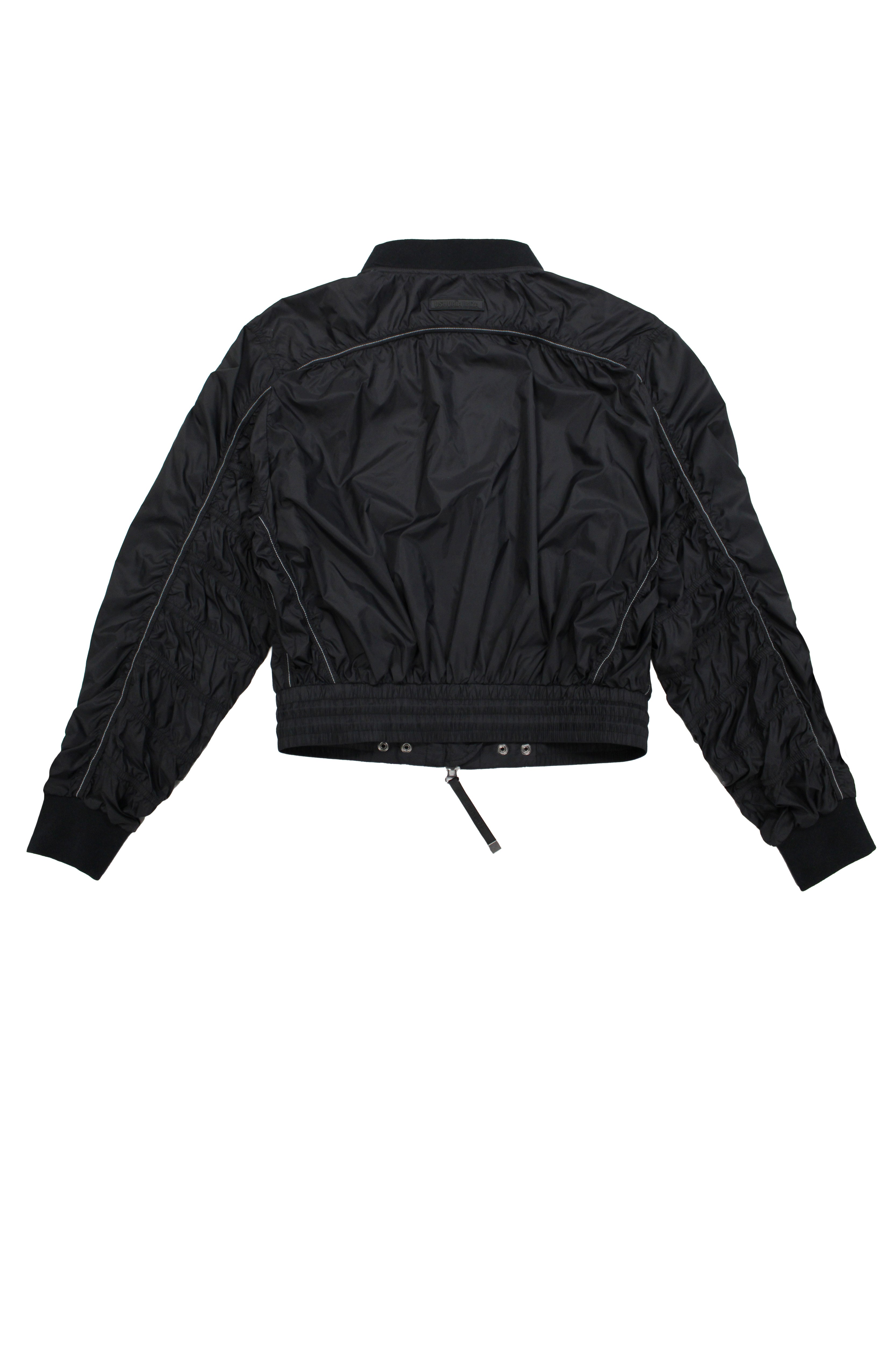 Satin-effect bomber with front details, puffed sleeves, front print, and custom zipper.