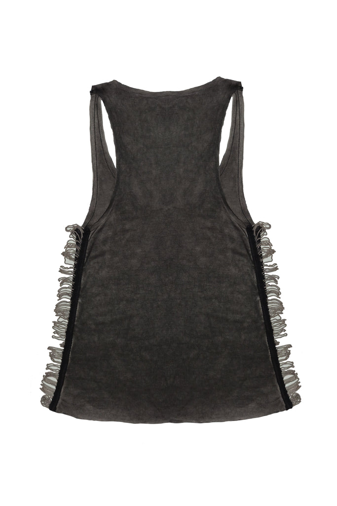 Black loose-fit tank with washed effect, bold front print & chain detail. Perfect for edgy Ibiza looks. Shop your vibe now!
