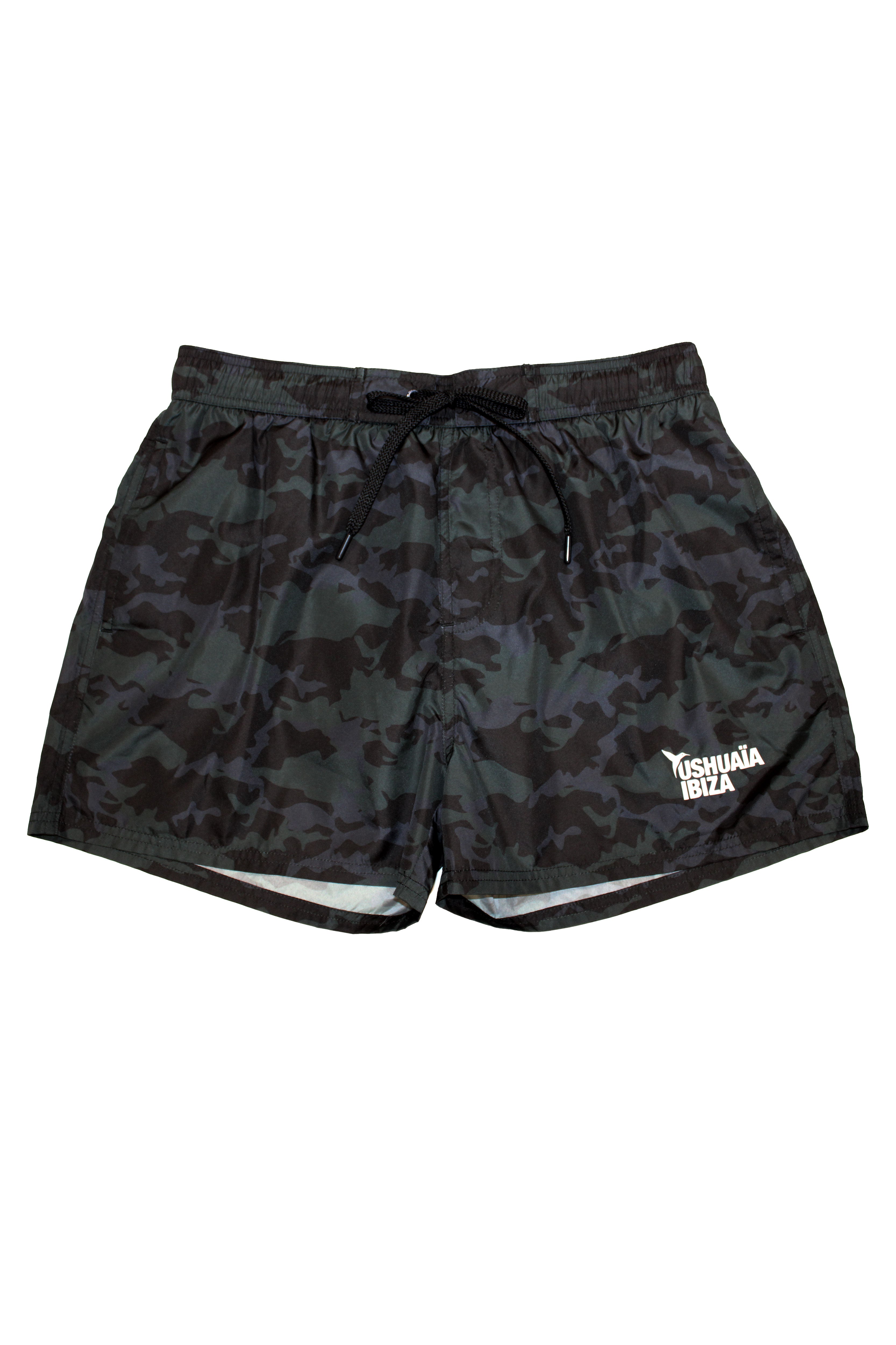 Swimsuit made of technical fabric. Adjustable elastic waistband with drawstring. Side pockets, rubberized application detail on the front and patch pocket on the back. Inner lining.