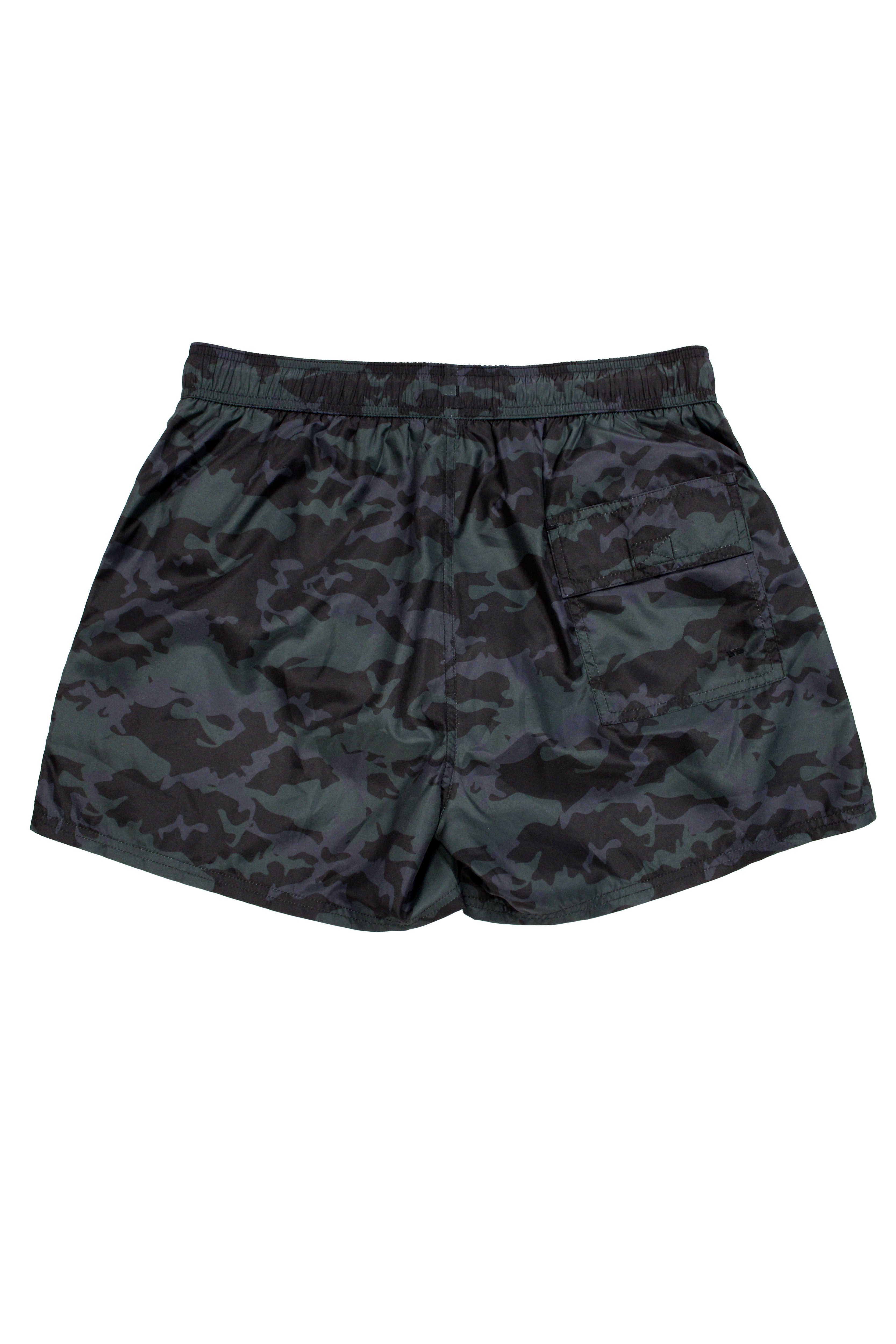 Swimsuit made of technical fabric. Adjustable elastic waistband with drawstring. Side pockets, rubberized application detail on the front and patch pocket on the back. Inner lining.