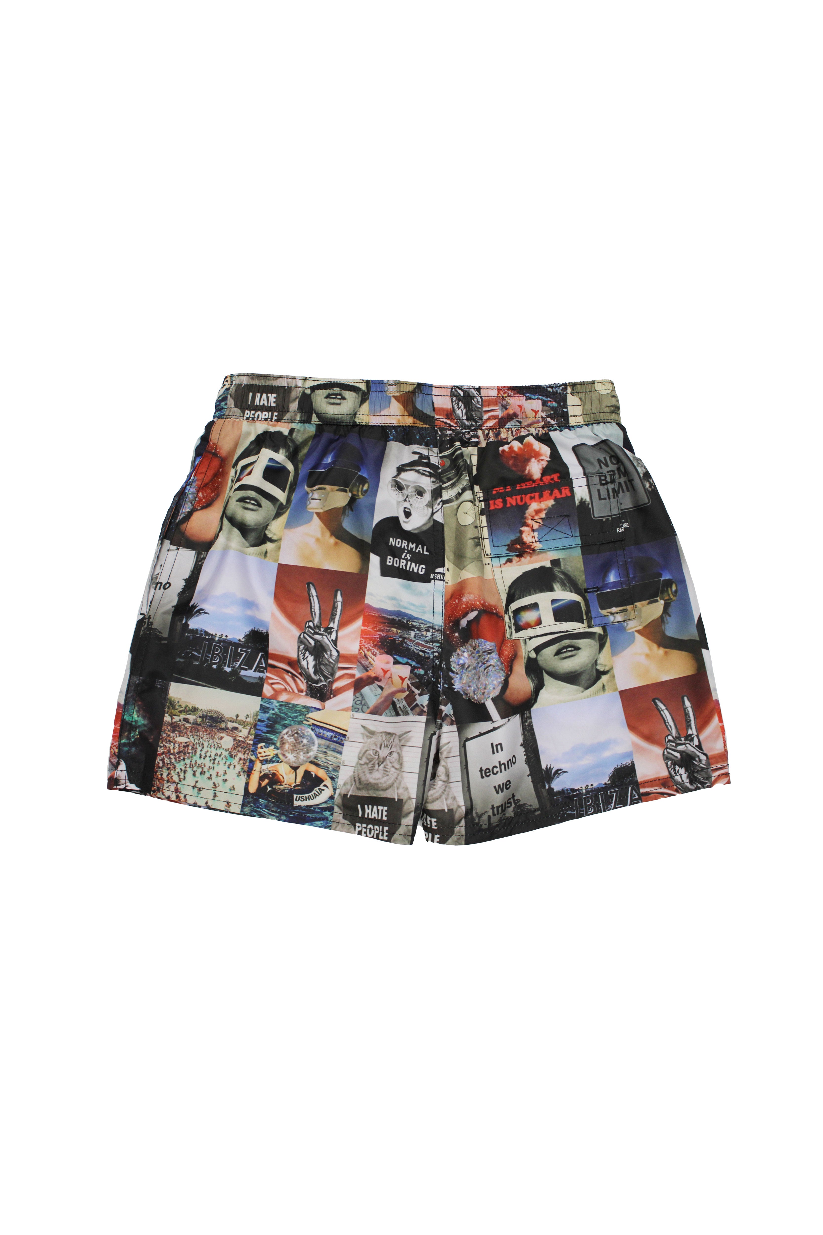 Swimsuit made of technical fabric. Adjustable elastic waistband with drawstring. Side pockets, rubberized application detail on the front and patch pocket on the back. Inner lining.  
 