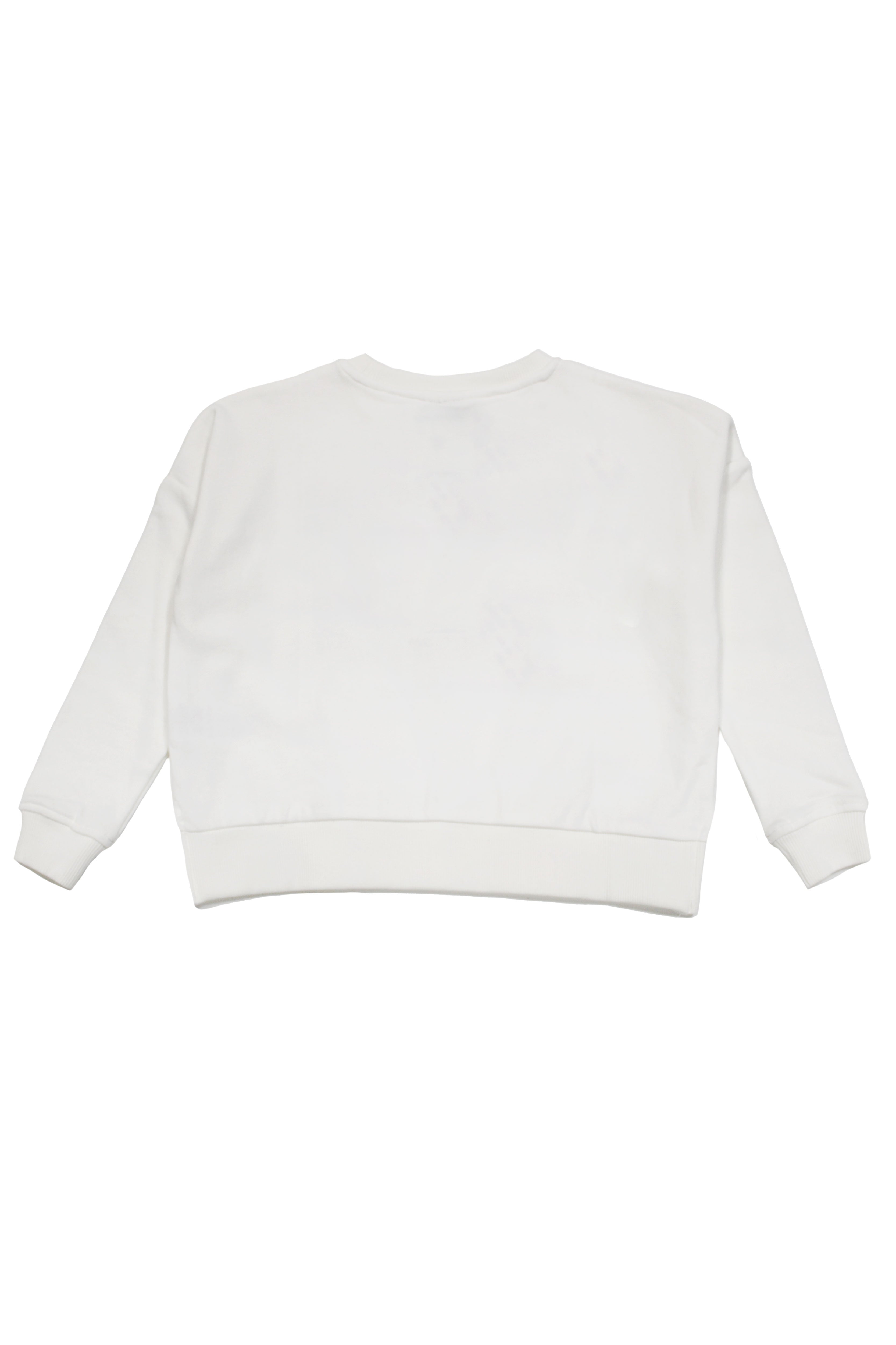 Cropped sweatshirt with round neck and long sleeves washed with peach effect. Contrast combined rhinestone print detail on the front. Side slits. Ribbed finishes.