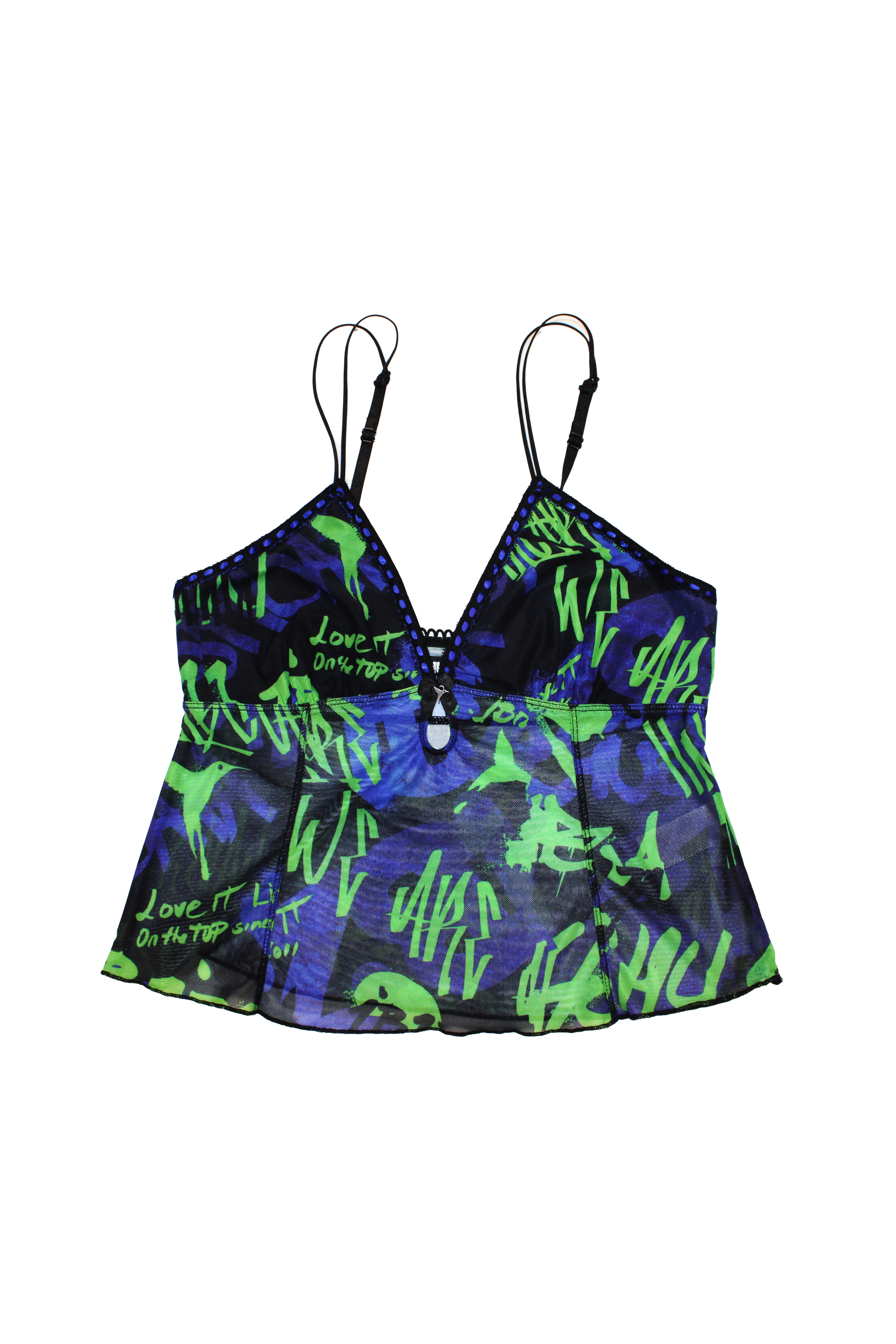 Printed lingerie tank top with adjustable straps. Bow detail with metallic ornament.