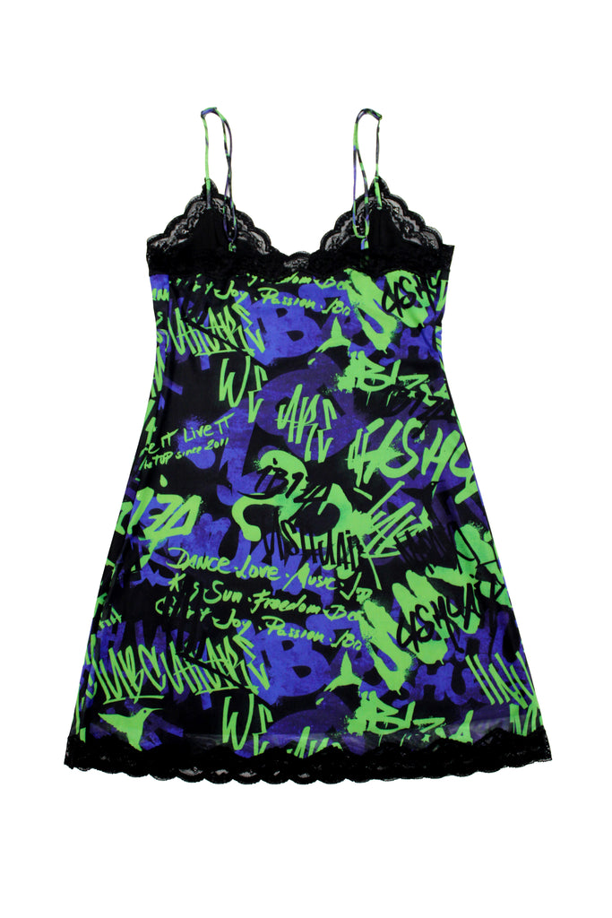 Elastic printed lingerie dress with lining. Adjustable straps. Lace and bow detail with metallic ornament on neckline and hem opening. 