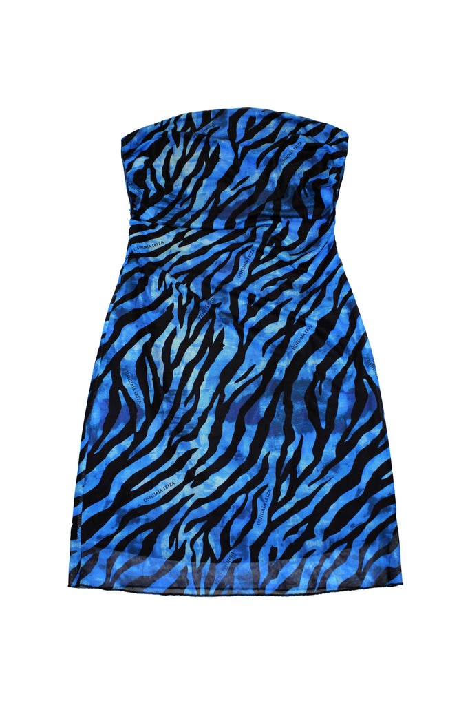 Elastic printed dress with lining. Strapless cut with side gathering. 
