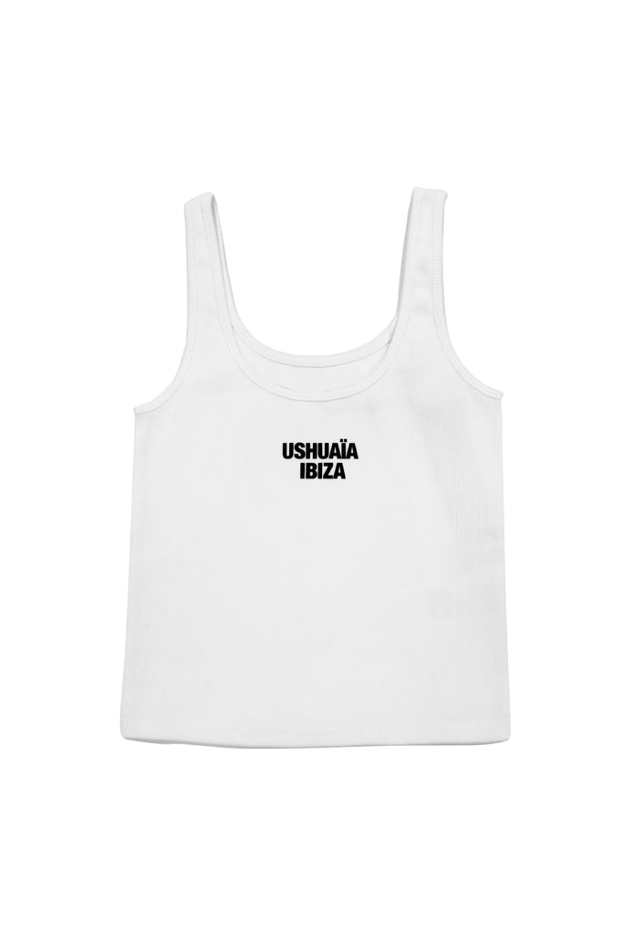 Rib tank top with round neck and armhole sleeve. Rubber effect print detail on the front. 