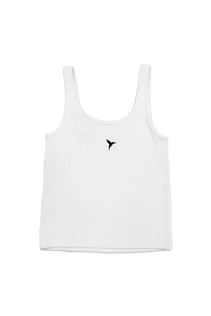 Rib tank top with round neck and armhole sleeve. Rubber effect print detail on the front. 