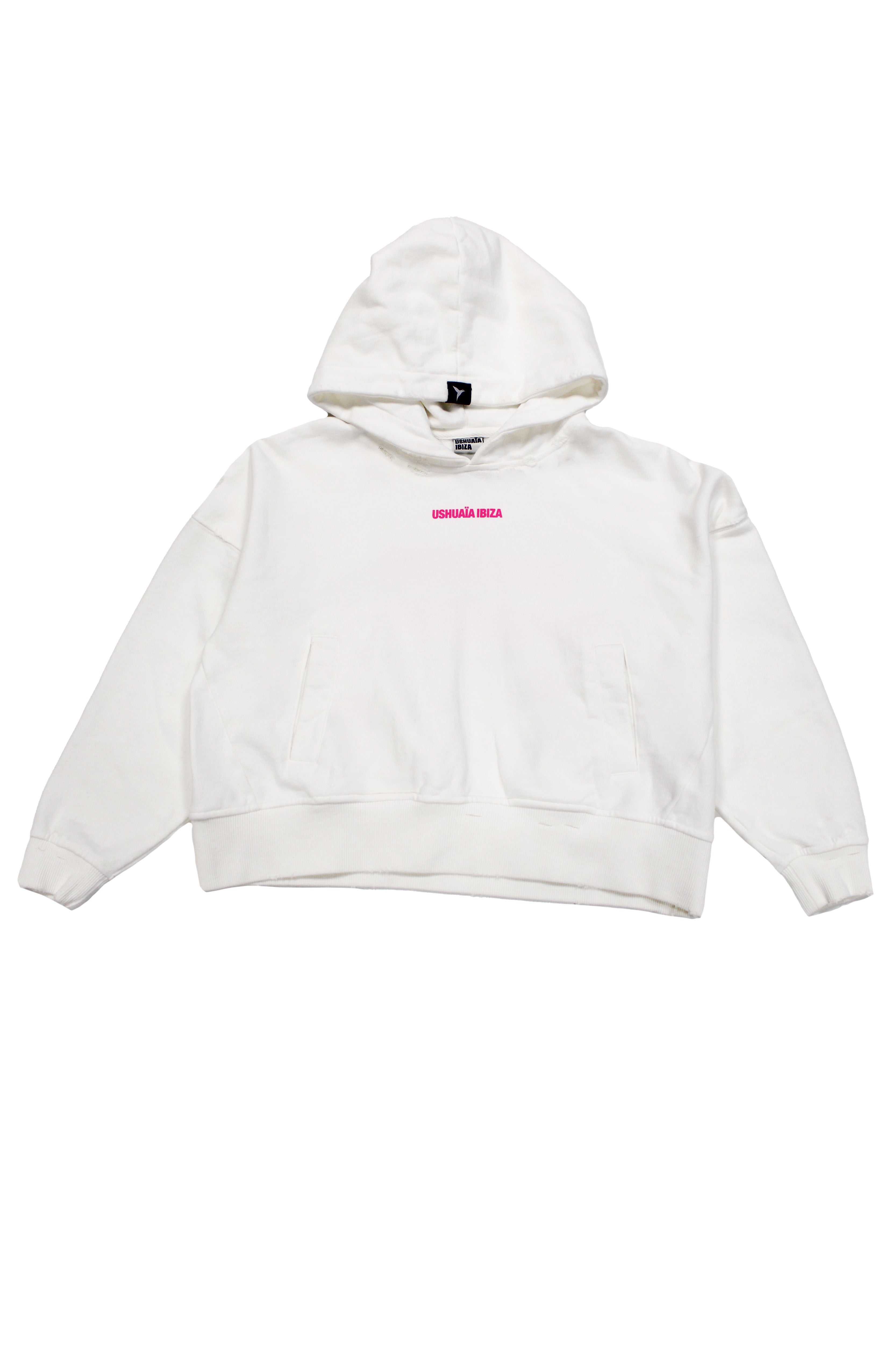 Oversized hoodie with long sleeves washed with peach effect. Contrast combined print detail on front and back. Front welt pockets. Wear and rubbing on cuffs and seams. 
 