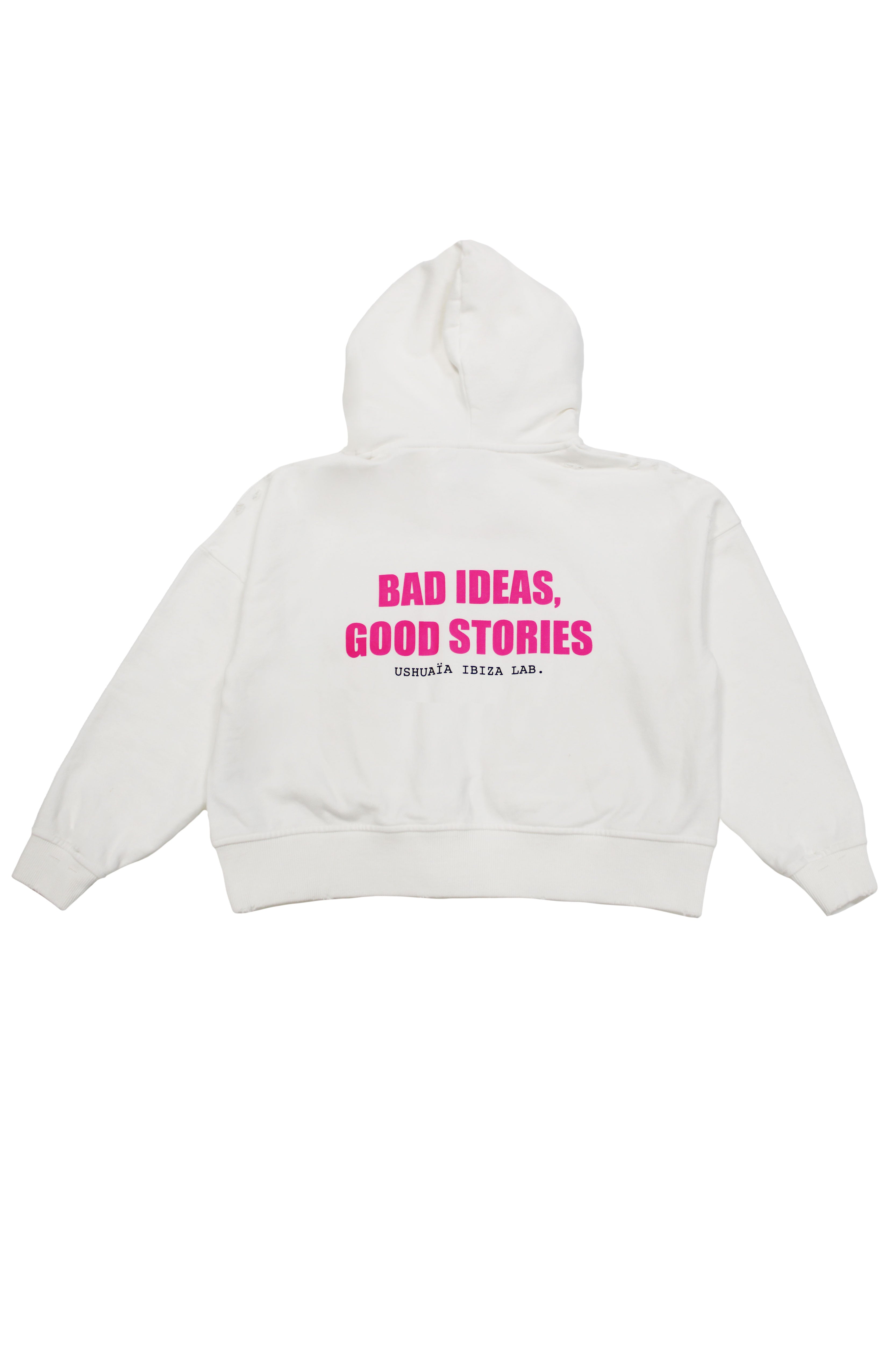 Oversized hoodie with long sleeves washed with peach effect. Contrast combined print detail on front and back. Front welt pockets. Wear and rubbing on cuffs and seams. 
 