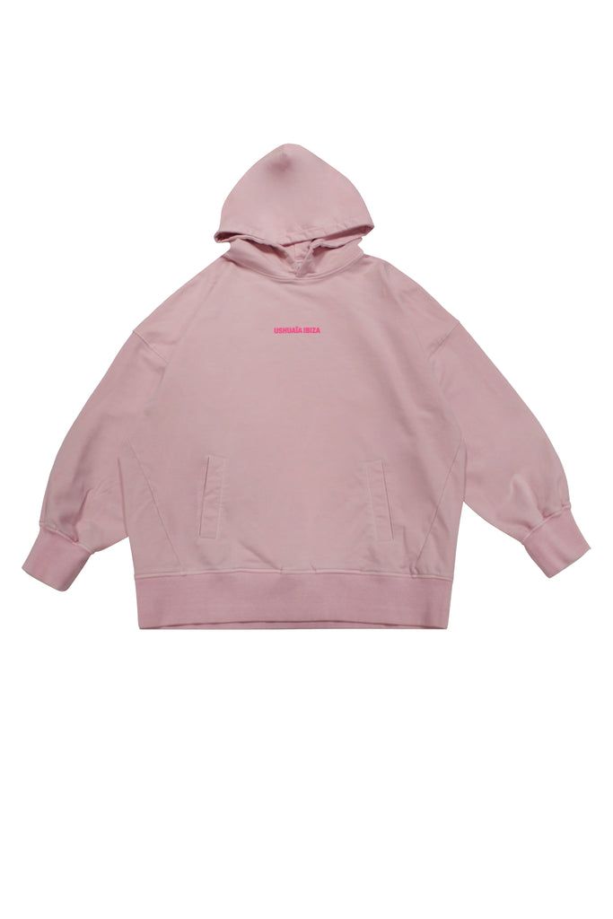 Oversized sweatshirt with hood and long sleeves, washed with a peach-effect finish. Features contrasting combined print on the front and back, and front welt pockets. 
 