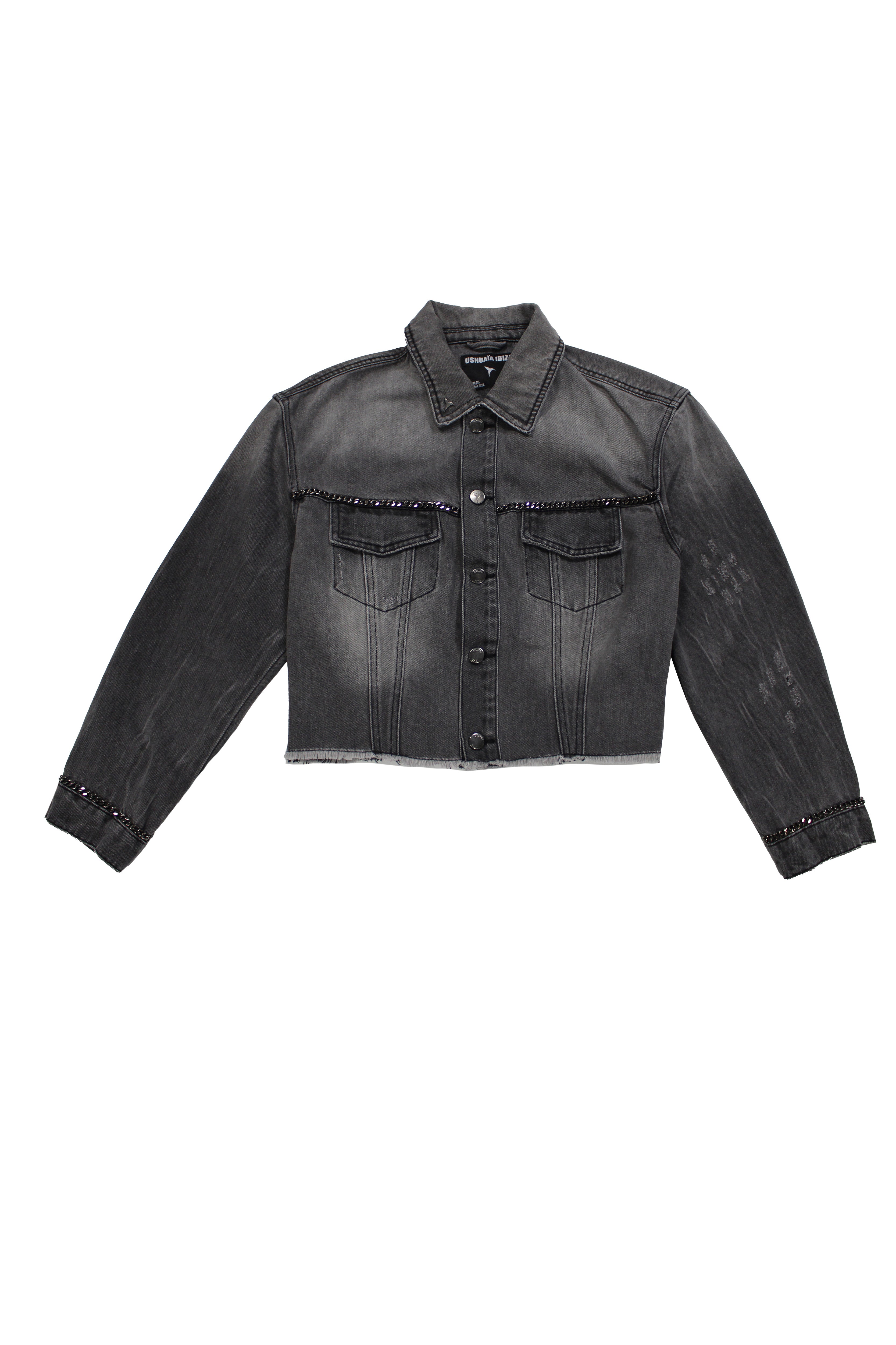 Cropped denim jacket with lapel collar and long washed sleeves with fade out effect. Front closure with metallic buttons. Chain detail on the front and cuffs and contrast combined rhinestone print on the back.
