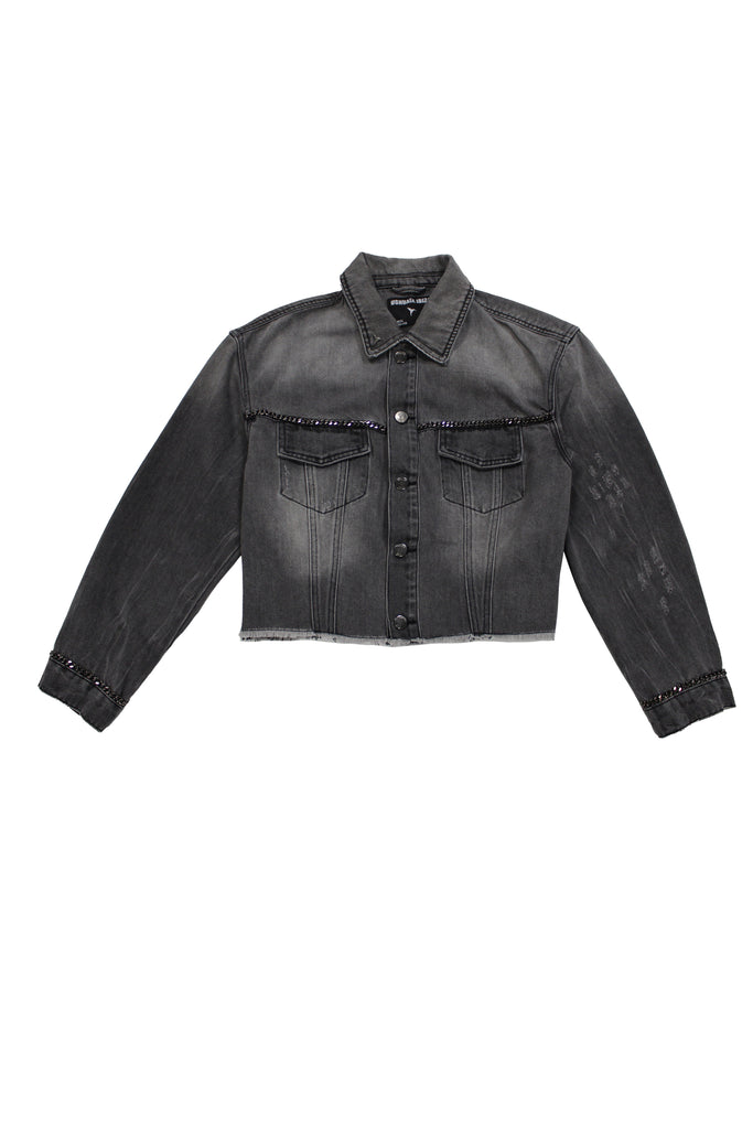 Cropped denim jacket with lapel collar and long washed sleeves with fade out effect. Front closure with metallic buttons. Chain detail on the front and cuffs and contrast combined rhinestone print on the back.