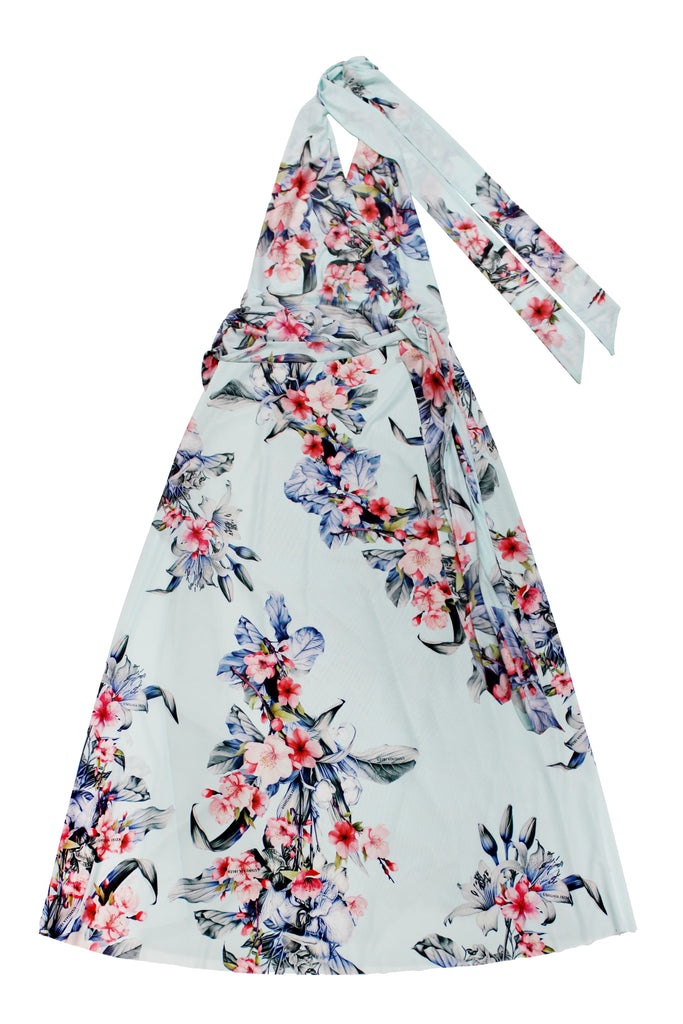 Long multi-position dress with all-over print finish and side slit.