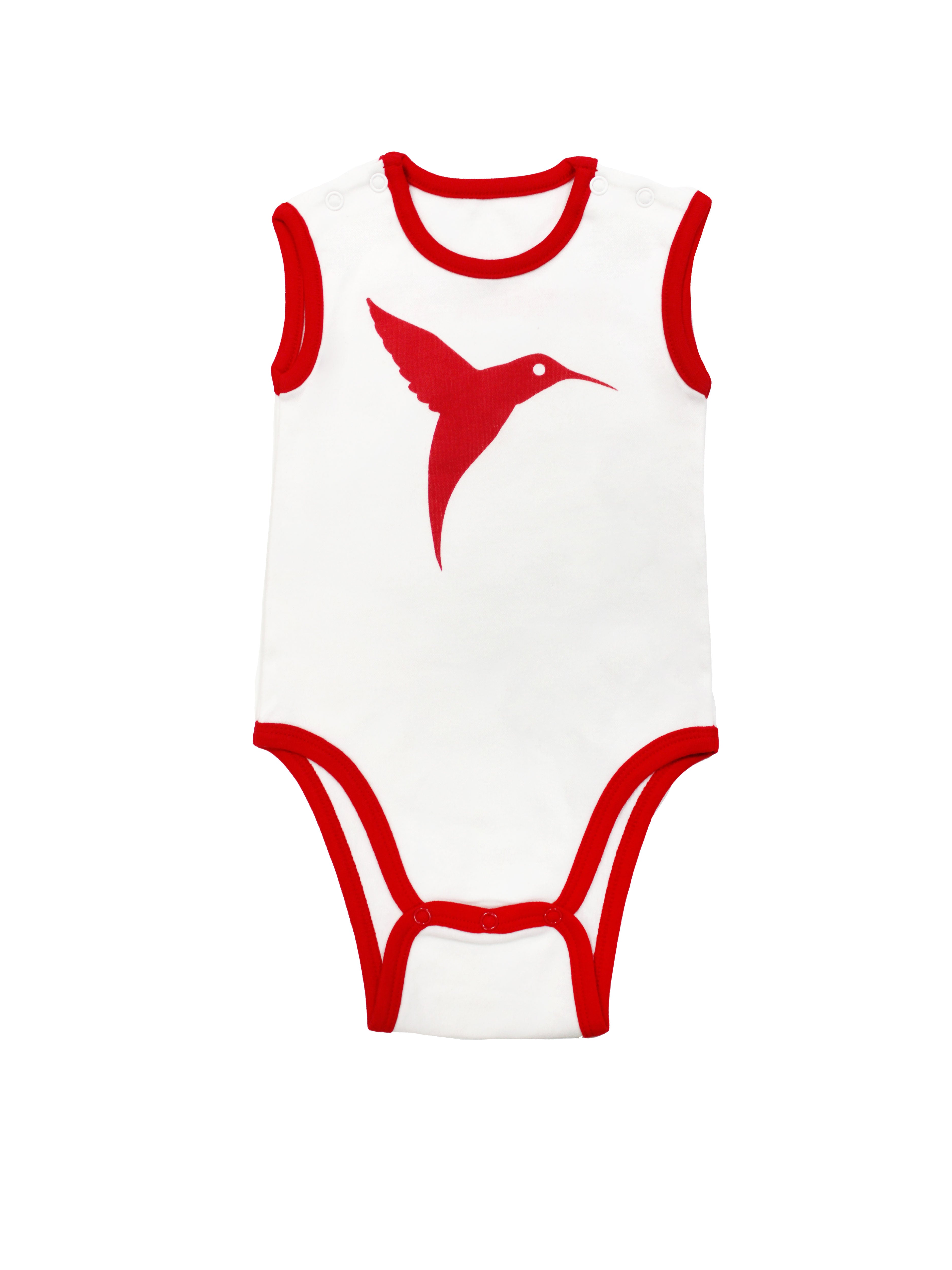 Baby bodysuit with front and back print. Snap button closure on the shoulder and bottom.