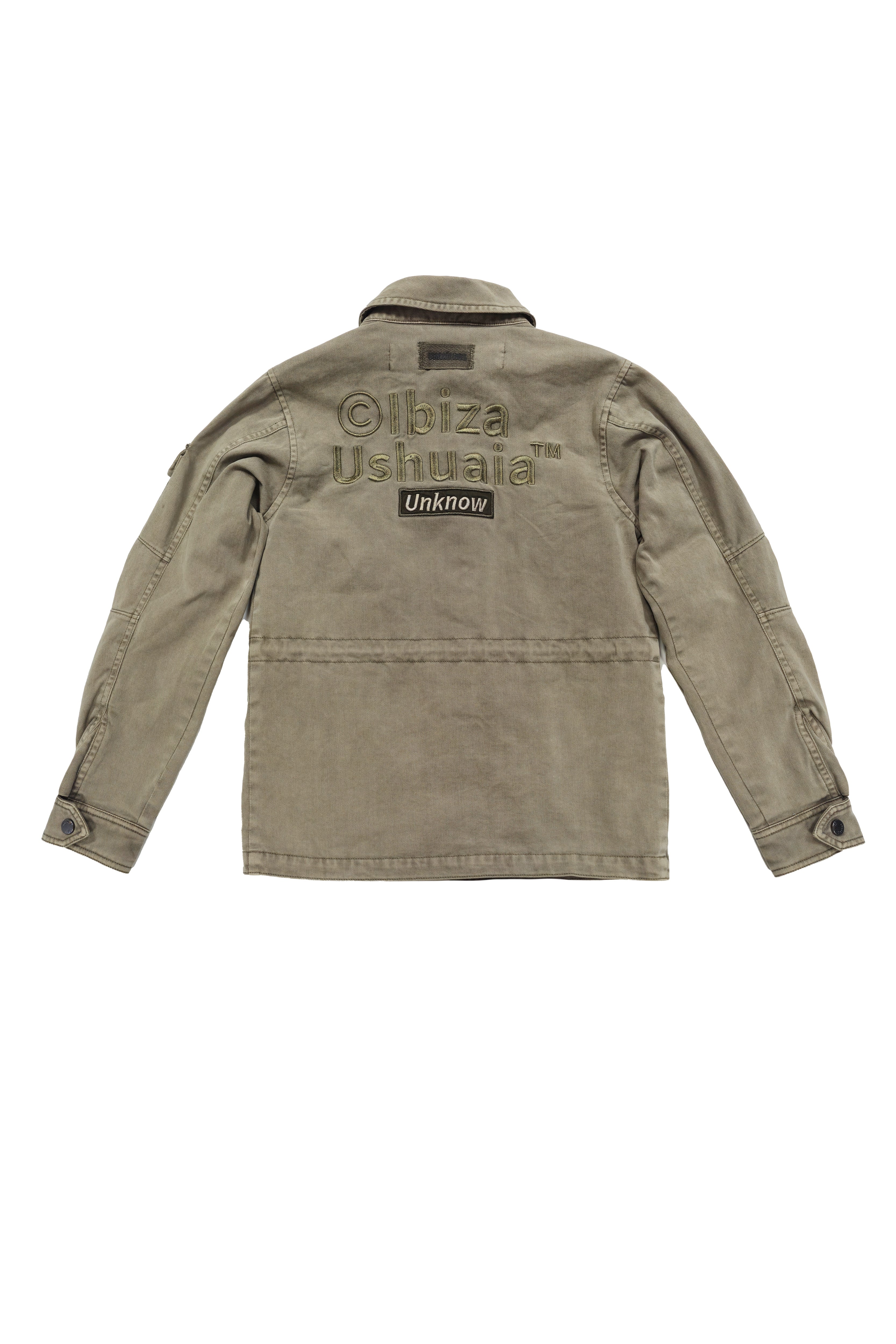 Military jacket with patch details on the sleeves and front, and embroidery on the back.