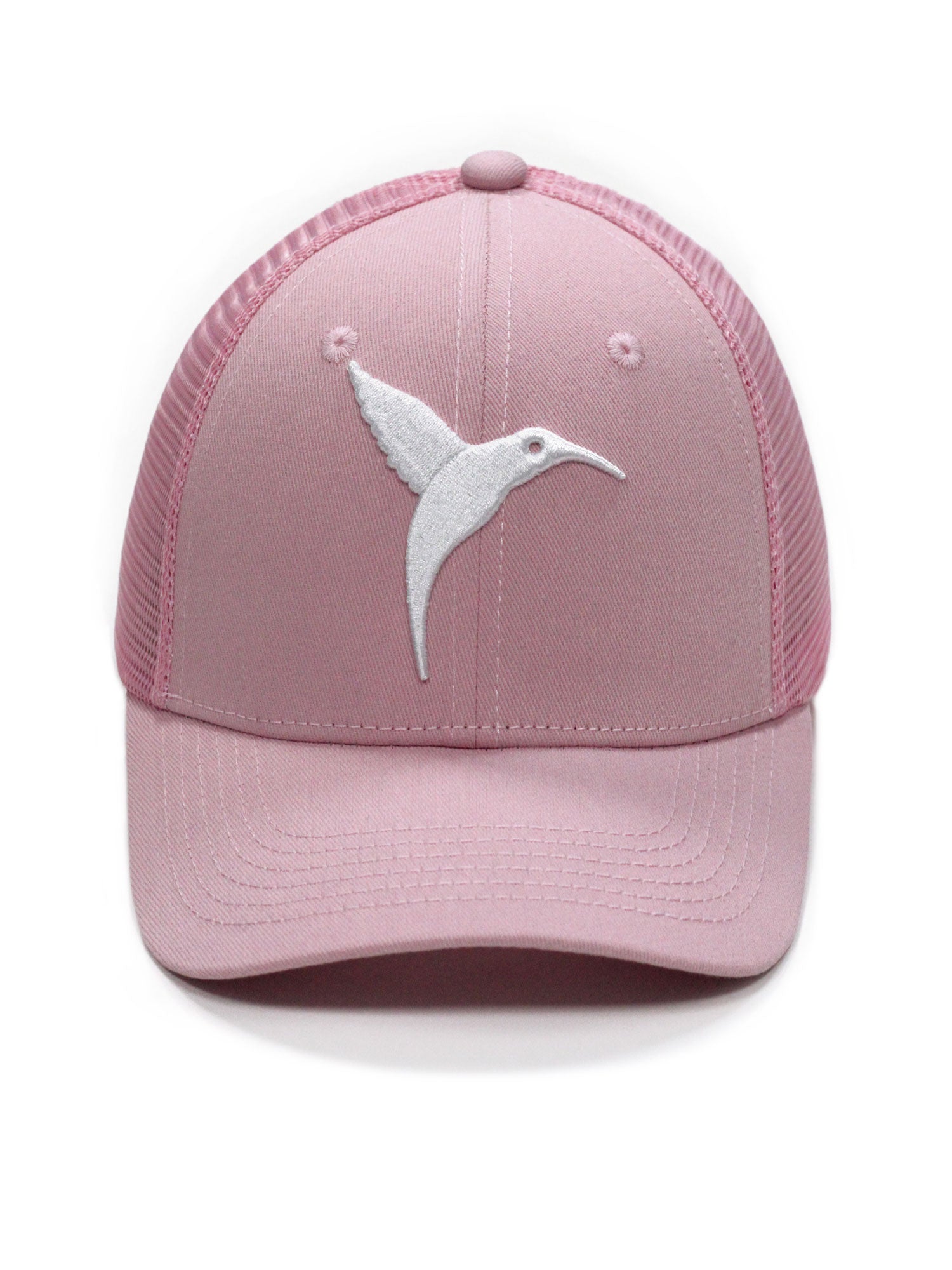 Pink Ushuaïa Ibiza trucker cap with white hummingbird logo and mesh back panels