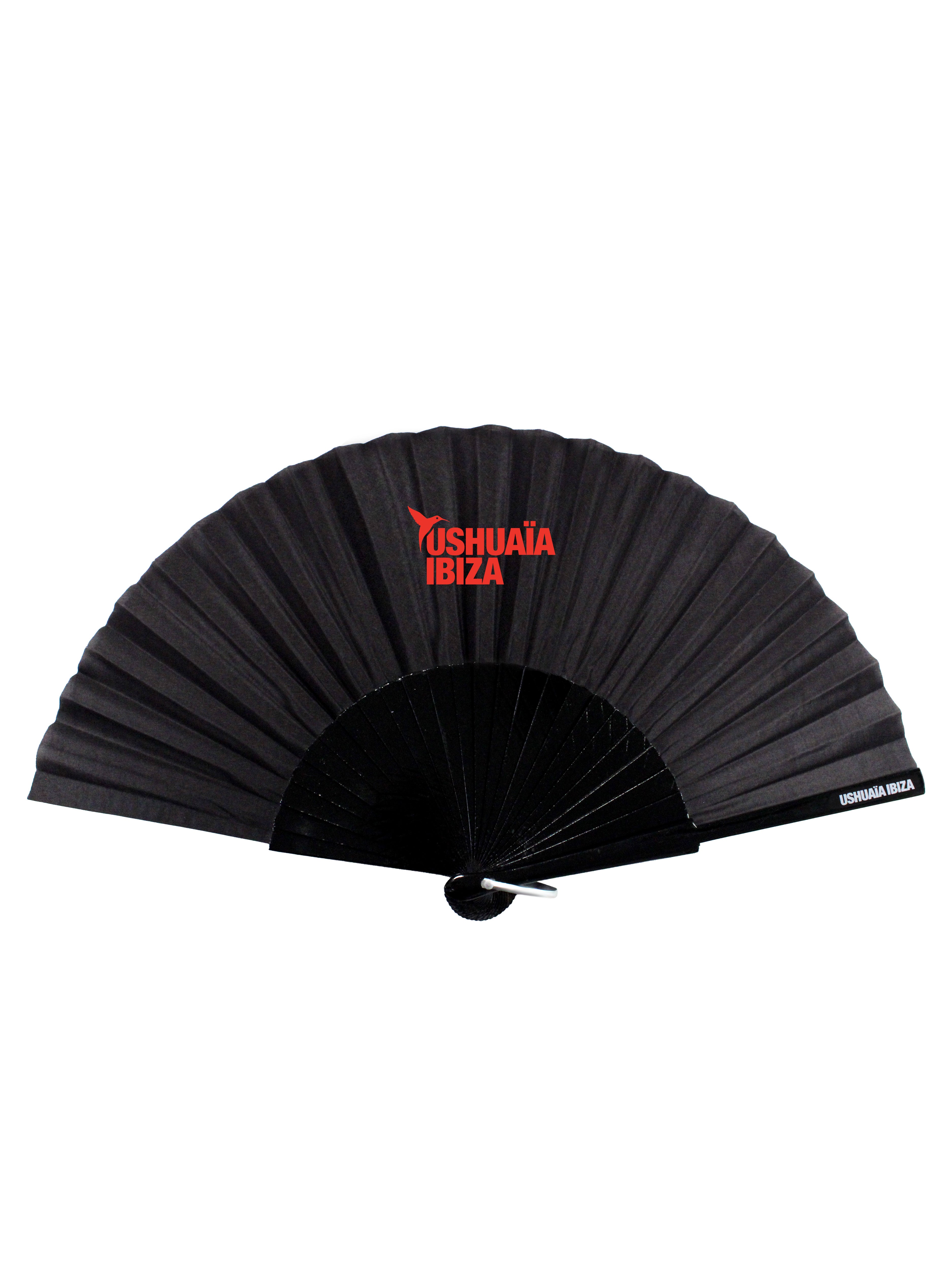 Official Ushuaïa Ibiza basic fan.
COMPOSITION:
Black polyester fabric with red Ushuaïa Ibiza logo in screen print
Black-painted wooden ribs with central metal rivet
Standard size, lightweight and easy to carry